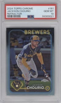Jackson Chourio from the 2024 Topps Chrome set featuring a Refractor parallel graded by PSA and given an overall grade of 10.
