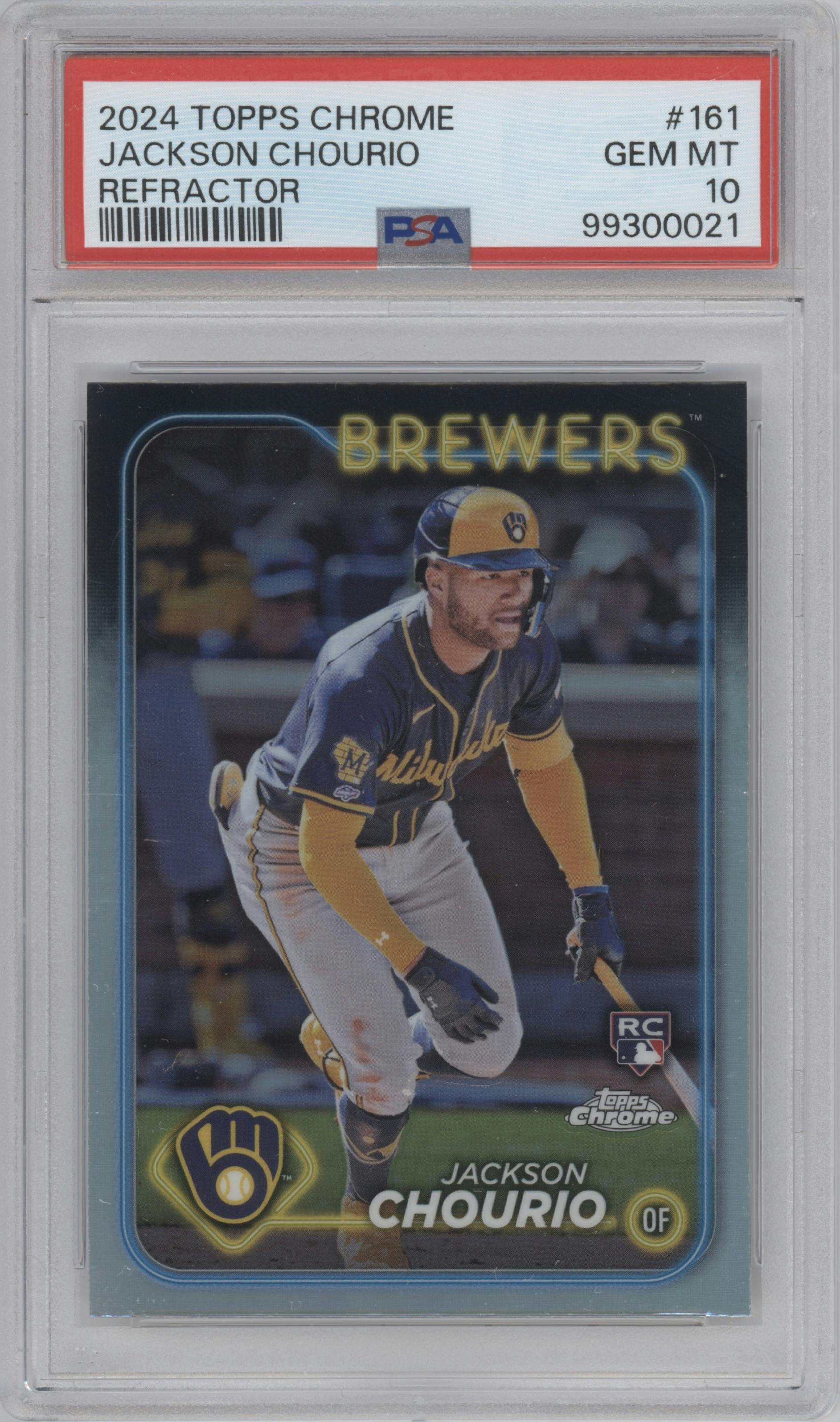 Jackson Chourio from the 2024 Topps Chrome set featuring a Refractor parallel graded by PSA and given an overall grade of 10.