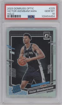 Victor Wembanyama from the 2023-24 Donruss Optic set featuring a Holo parallel graded by PSA and given an overall grade of 10.