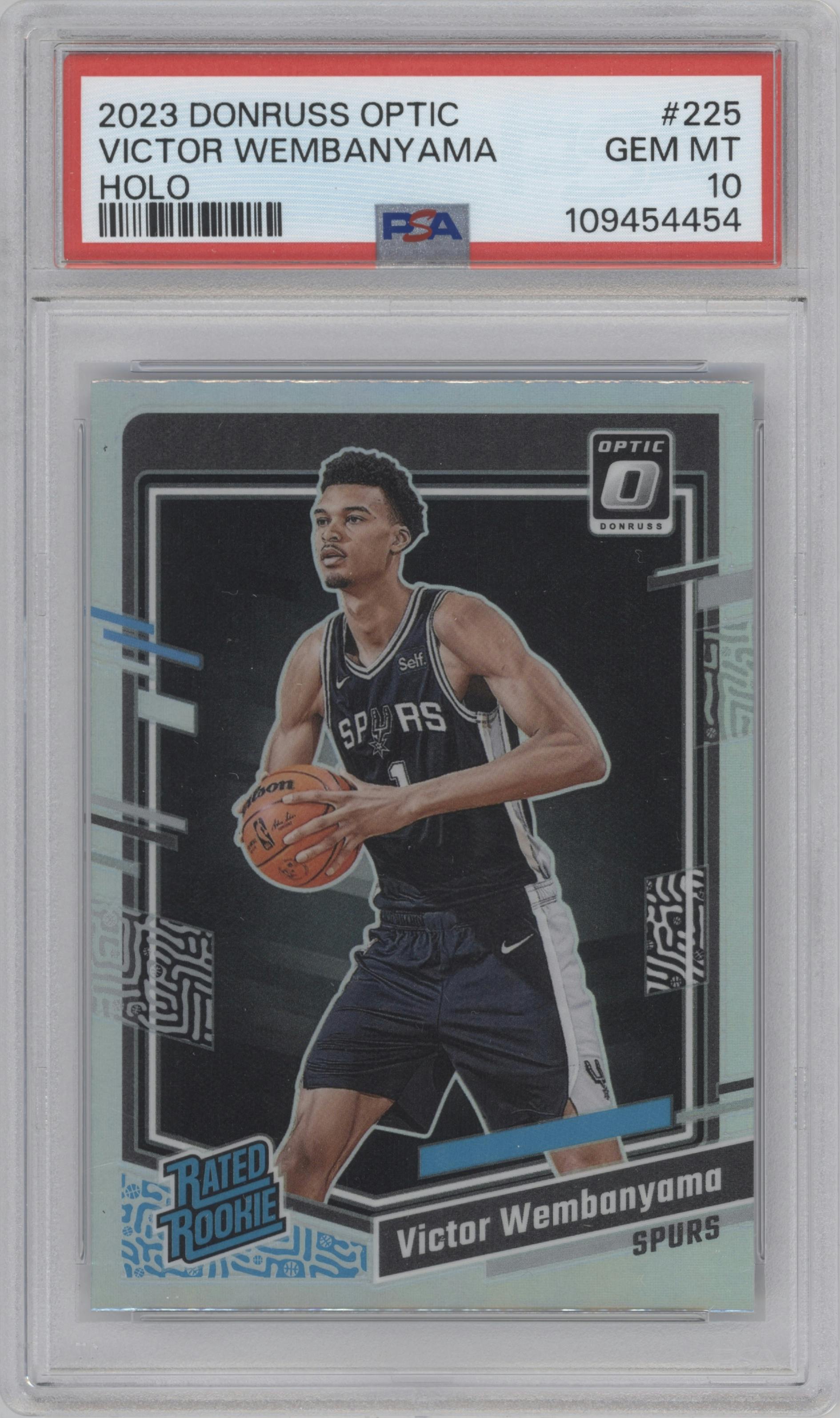 Victor Wembanyama from the 2023-24 Donruss Optic set featuring a Holo parallel graded by PSA and given an overall grade of 10.