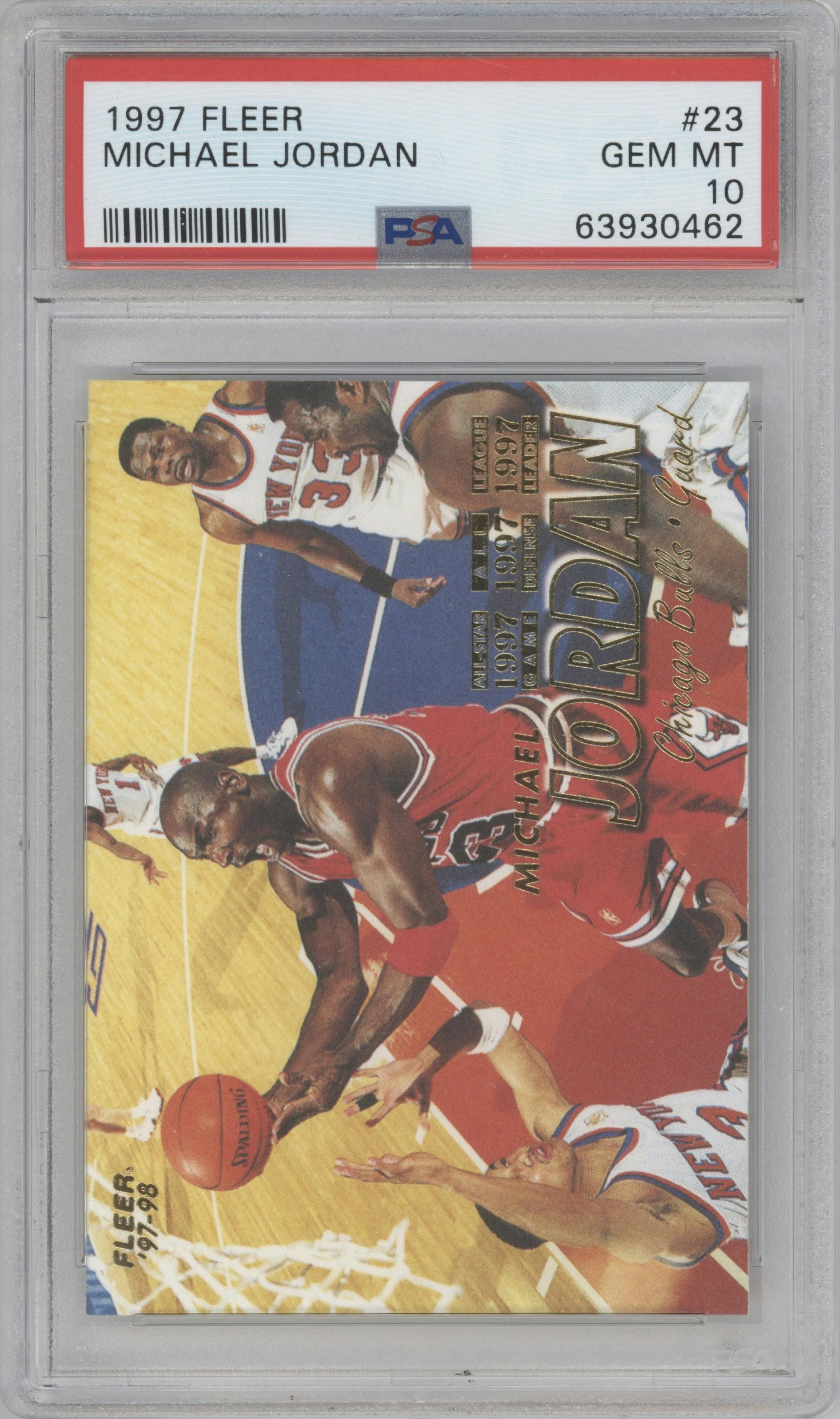 Michael Jordan from the 1997-98 Fleer set graded by PSA and given an overall grade of 10.