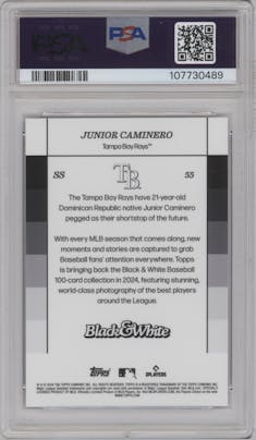 Junior Caminero from the 2024 Topps Black & White set featuring a Purple parallel graded by PSA and given an overall grade of 10.