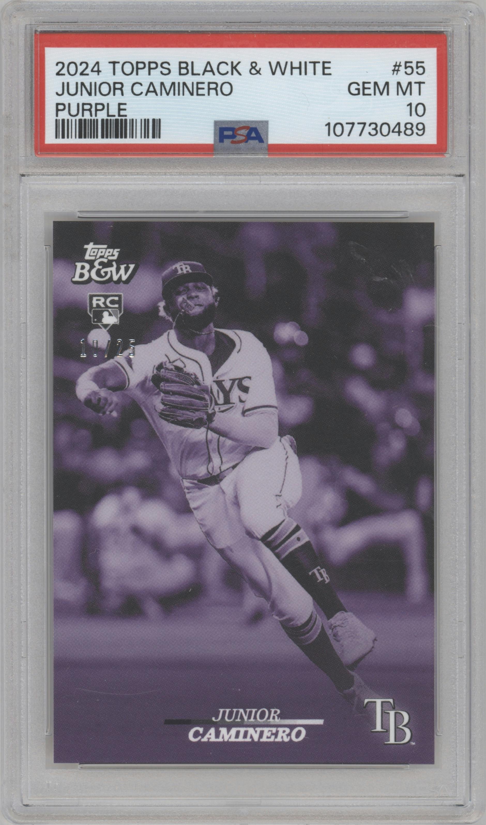 Junior Caminero from the 2024 Topps Black & White set featuring a Purple parallel graded by PSA and given an overall grade of 10.