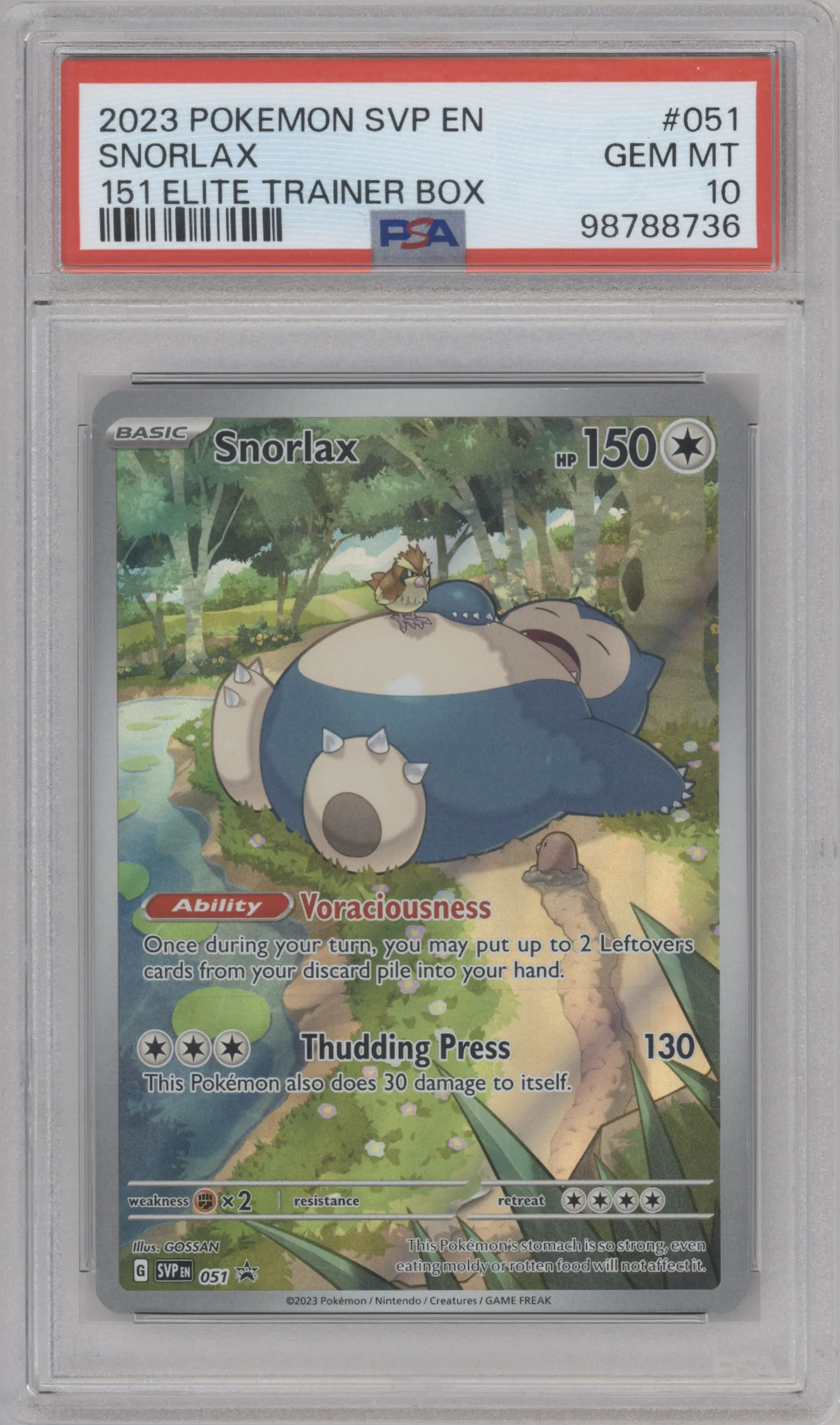 Snorlax from the 2023 Pokemon SV set featuring a 151 Pokémon Center Elite Trainer Box parallel graded by PSA and given an overall grade of 10.