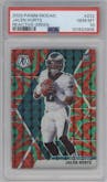 Jalen Hurts from the 2020 Panini Mosaic set featuring a Reactive Green parallel graded by PSA and given an overall grade of 10.