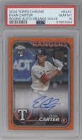 Evan Carter from the 2024 Topps Chrome set featuring a Orange Wave Refractor parallel graded by PSA and given an overall grade of 10.