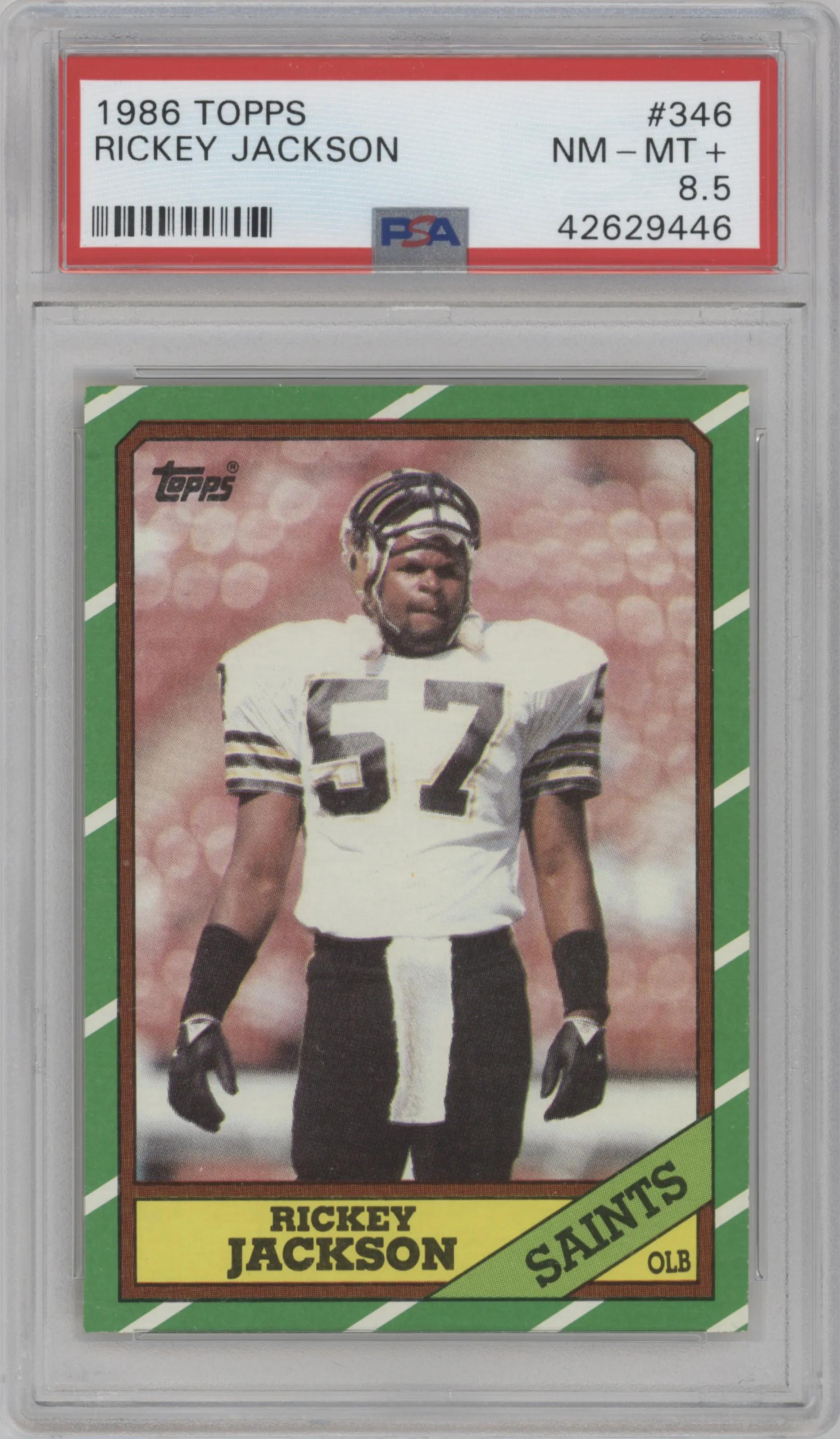 Rickey Jackson from the 1986 Topps set graded by PSA and given an overall grade of 8.5.
