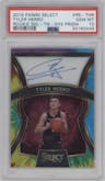 Tyler Herro from the 2019-20 Panini Select set featuring a Tie-Dye parallel graded by PSA and given an overall grade of 10.