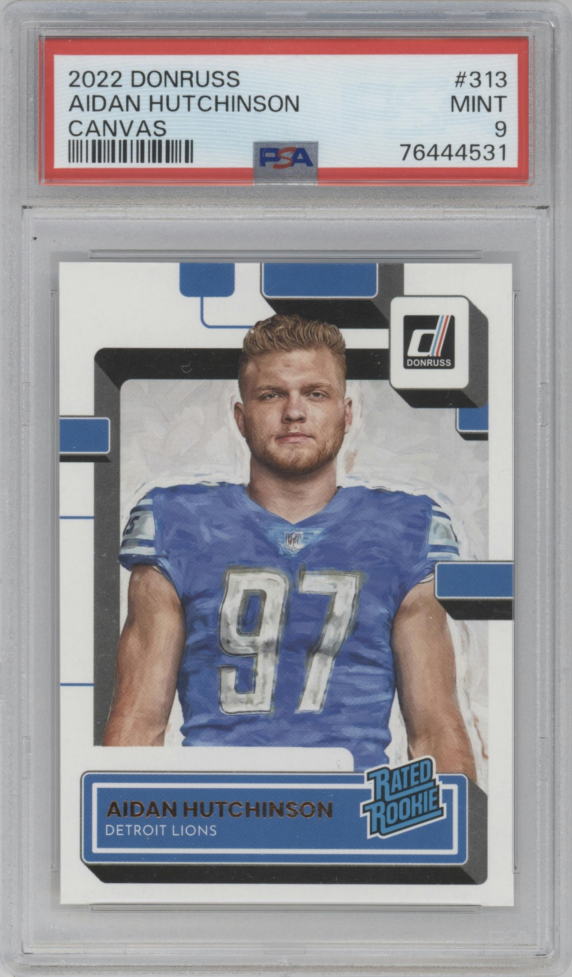 Aidan Hutchinson from the 2022 Panini Donruss set featuring a Canvas parallel graded by PSA and given an overall grade of 9.