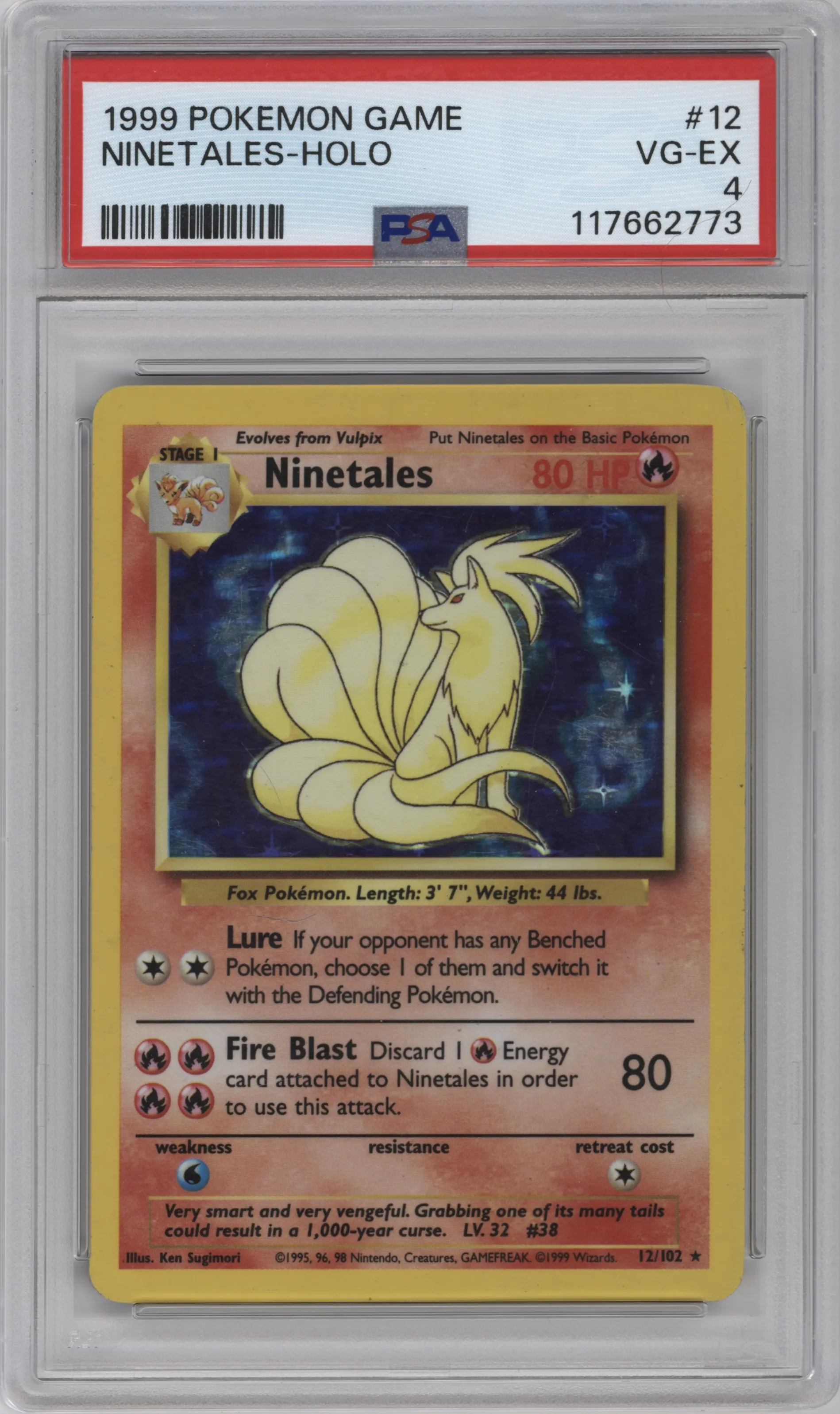 Ninetales from the 1999 Pokemon set graded by PSA and given an overall grade of 4.