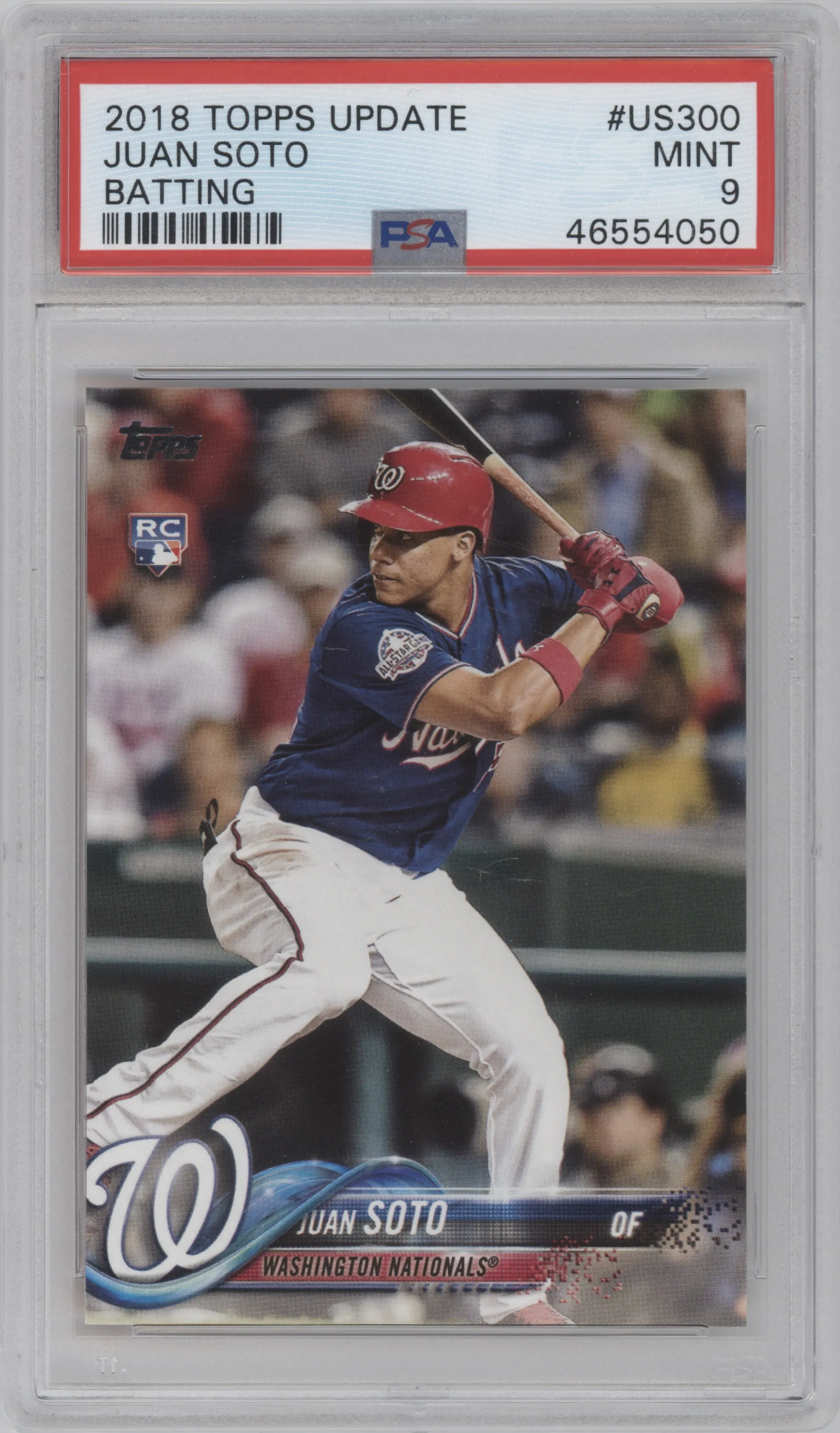 Juan Soto from the 2018 Topps Update set graded by PSA and given an overall grade of 9.