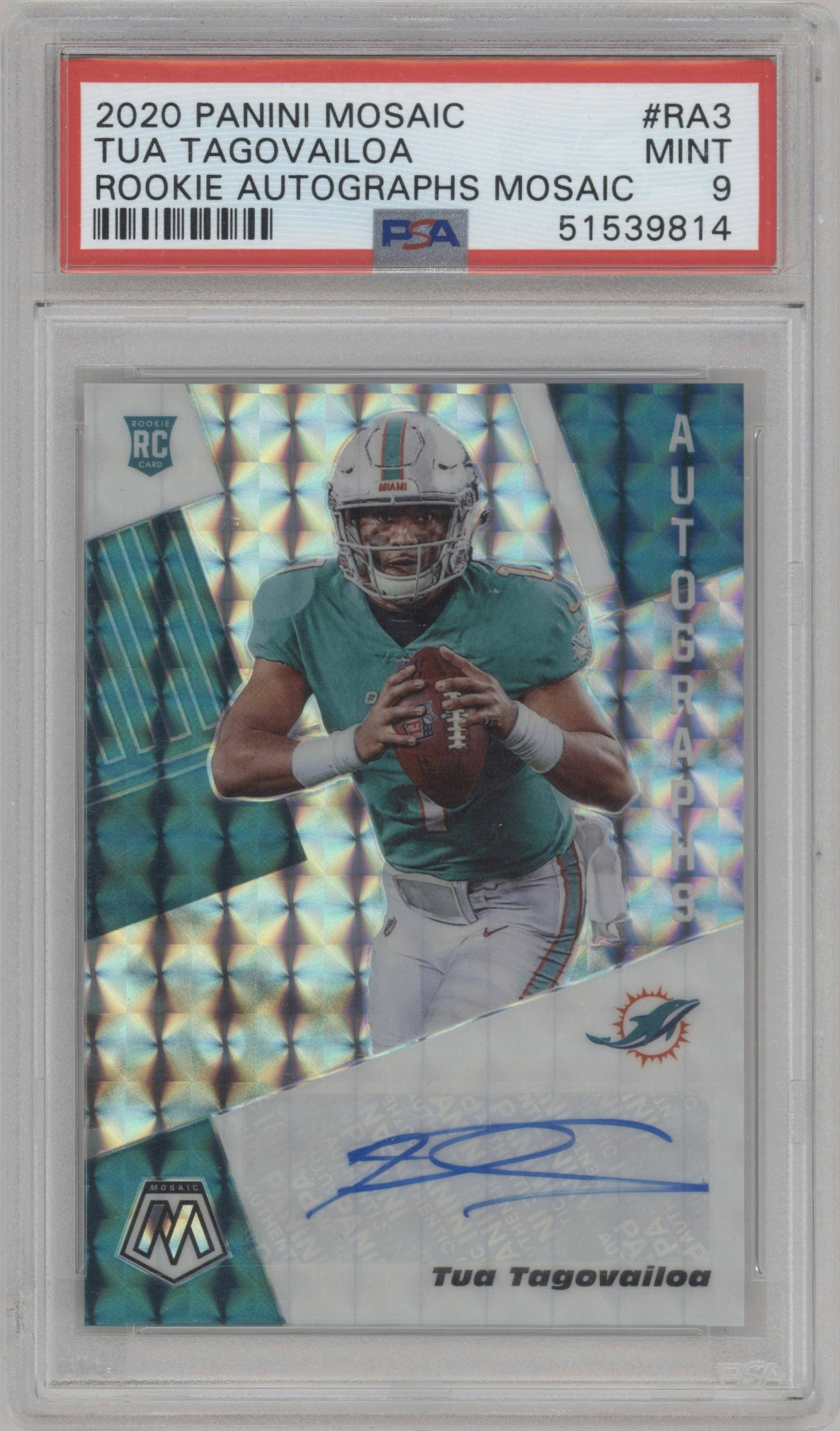 Tua Tagovailoa from the 2020 Panini Mosaic set graded by PSA and given an overall grade of 9.