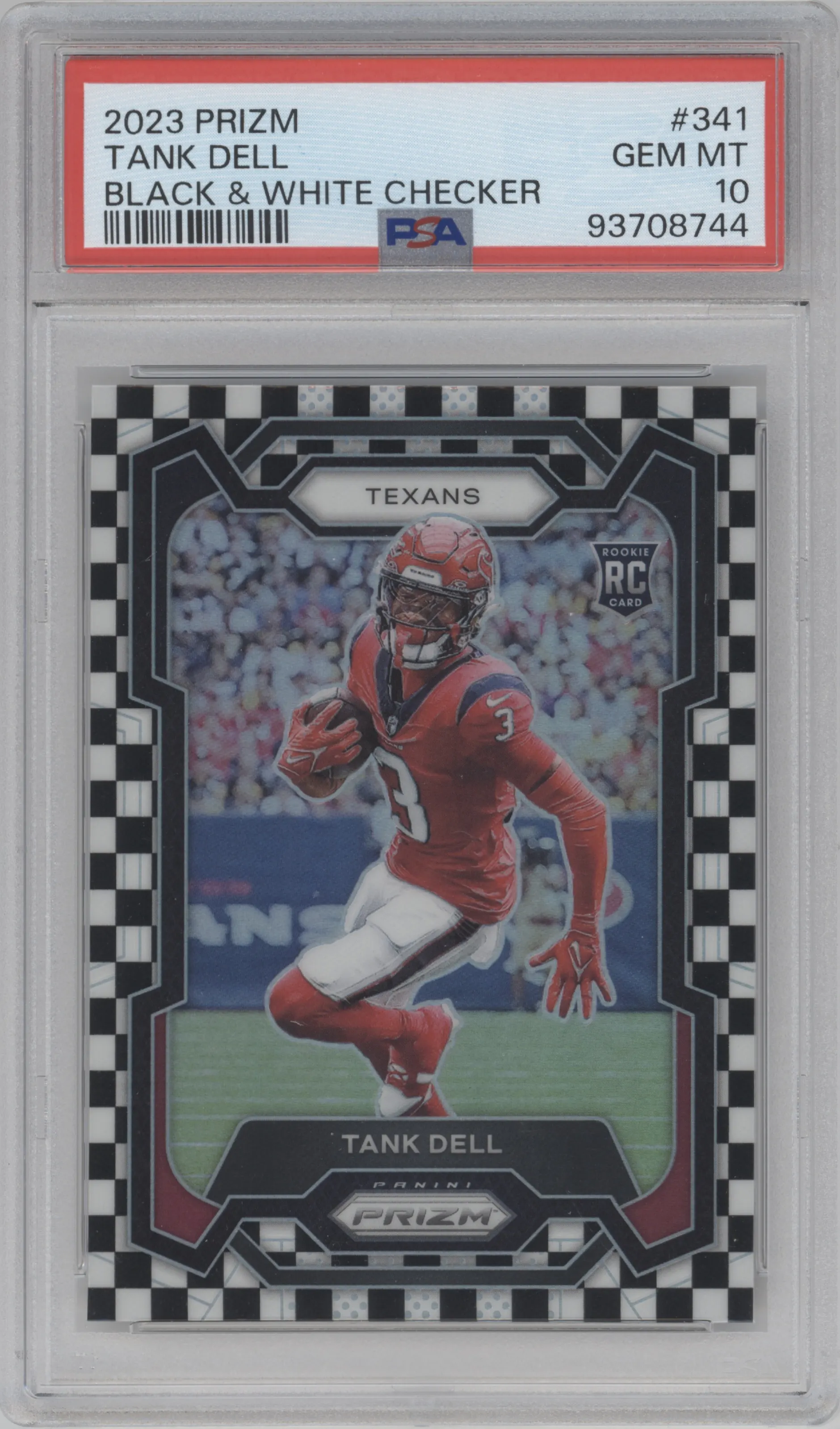 Tank Dell from the 2023 Panini Prizm set featuring a Black/White Checker parallel graded by PSA and given an overall grade of 10.