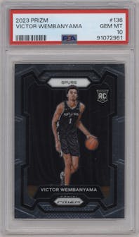 Victor Wembanyama from the 2023-24 Panini Prizm set graded by PSA and given an overall grade of 10.