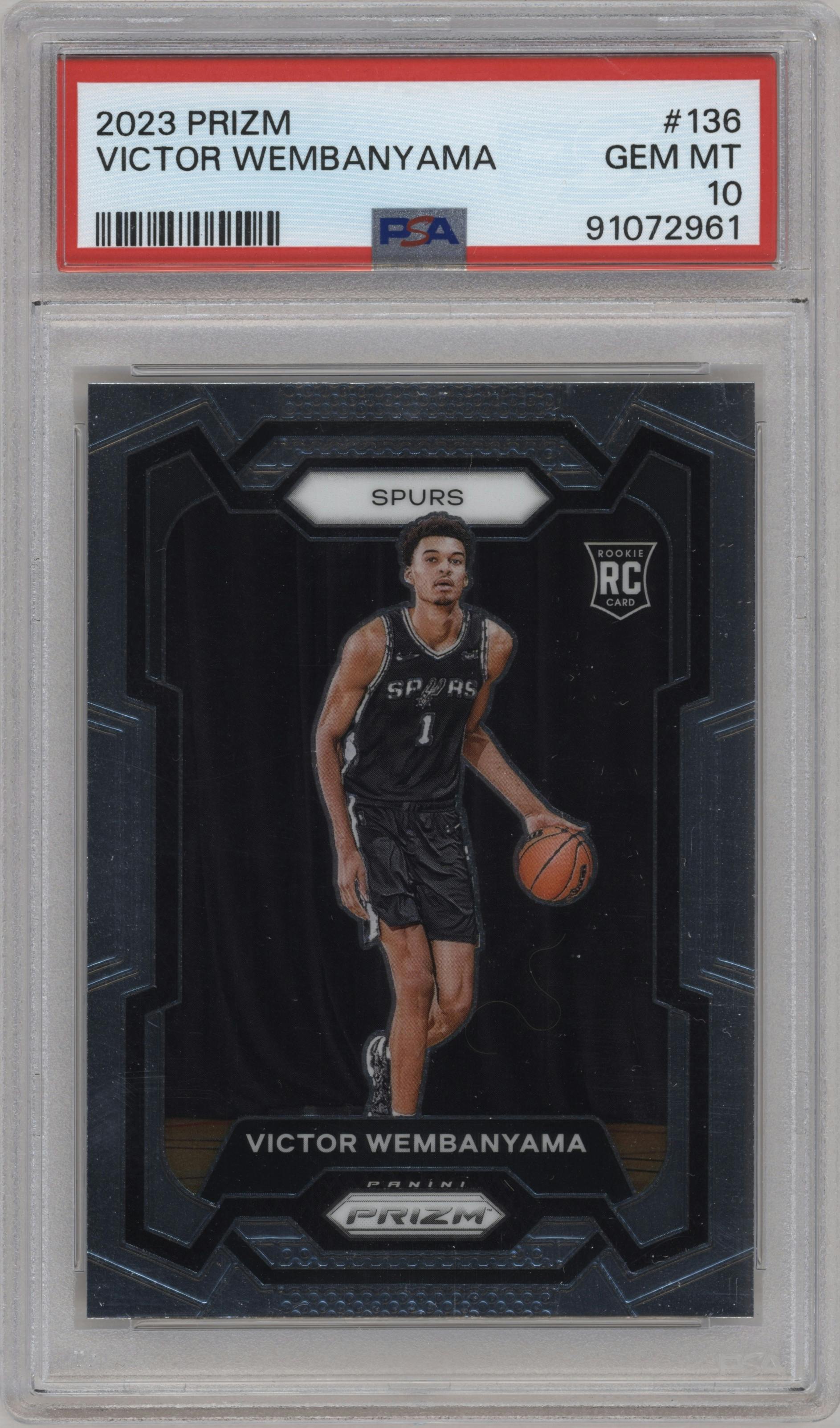 Victor Wembanyama from the 2023-24 Panini Prizm set graded by PSA and given an overall grade of 10.