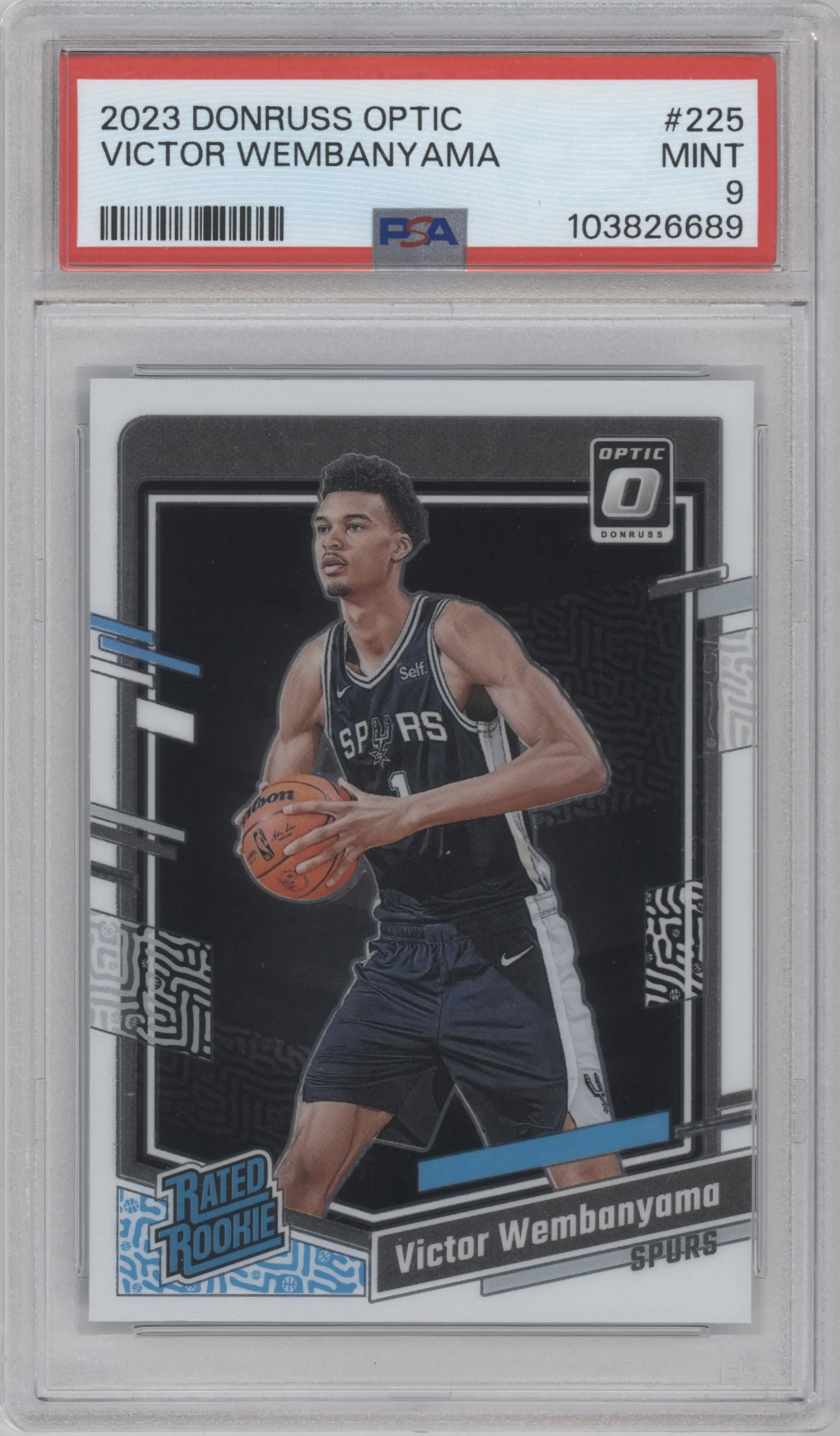 Victor Wembanyama from the 2023-24 Donruss Optic set graded by PSA and given an overall grade of 9.