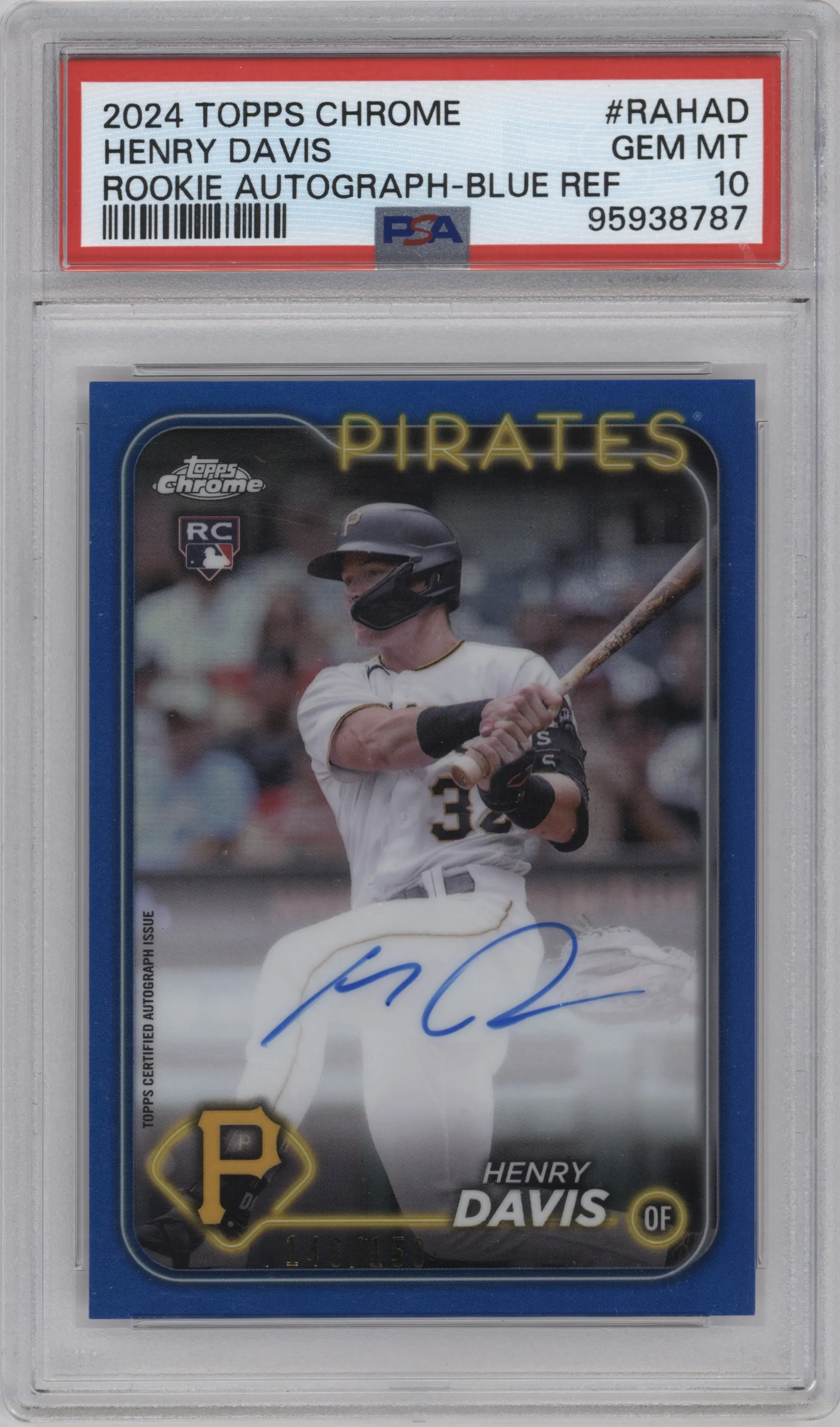 2024 Topps Chrome Rke.Auto Henry Davis Blue Refractor #RA-HAD PSA 10