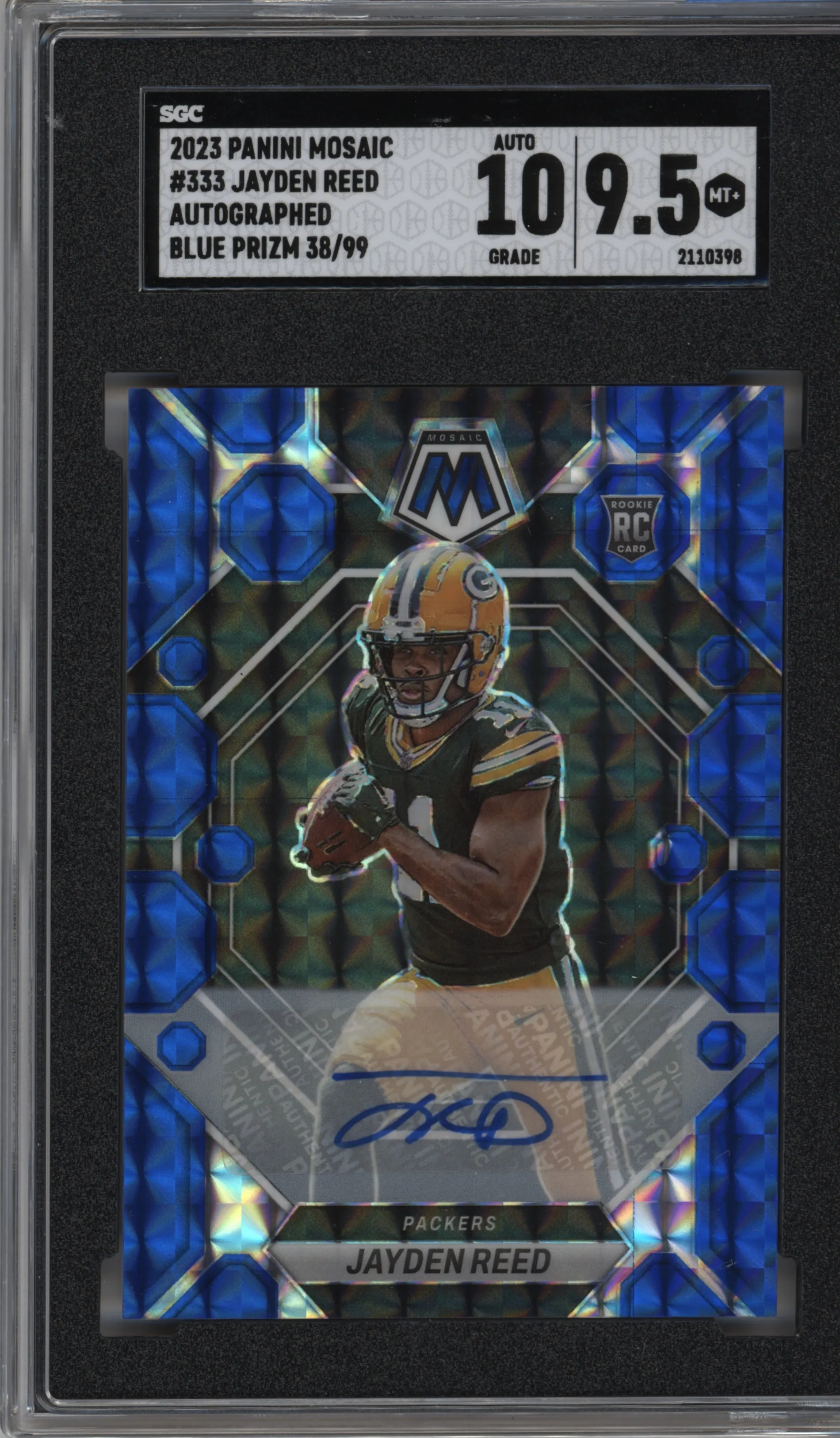 Jayden Reed from the 2023 Panini Mosaic set featuring a Blue Mosaic parallel graded by SGC and given an overall grade of 9.5.