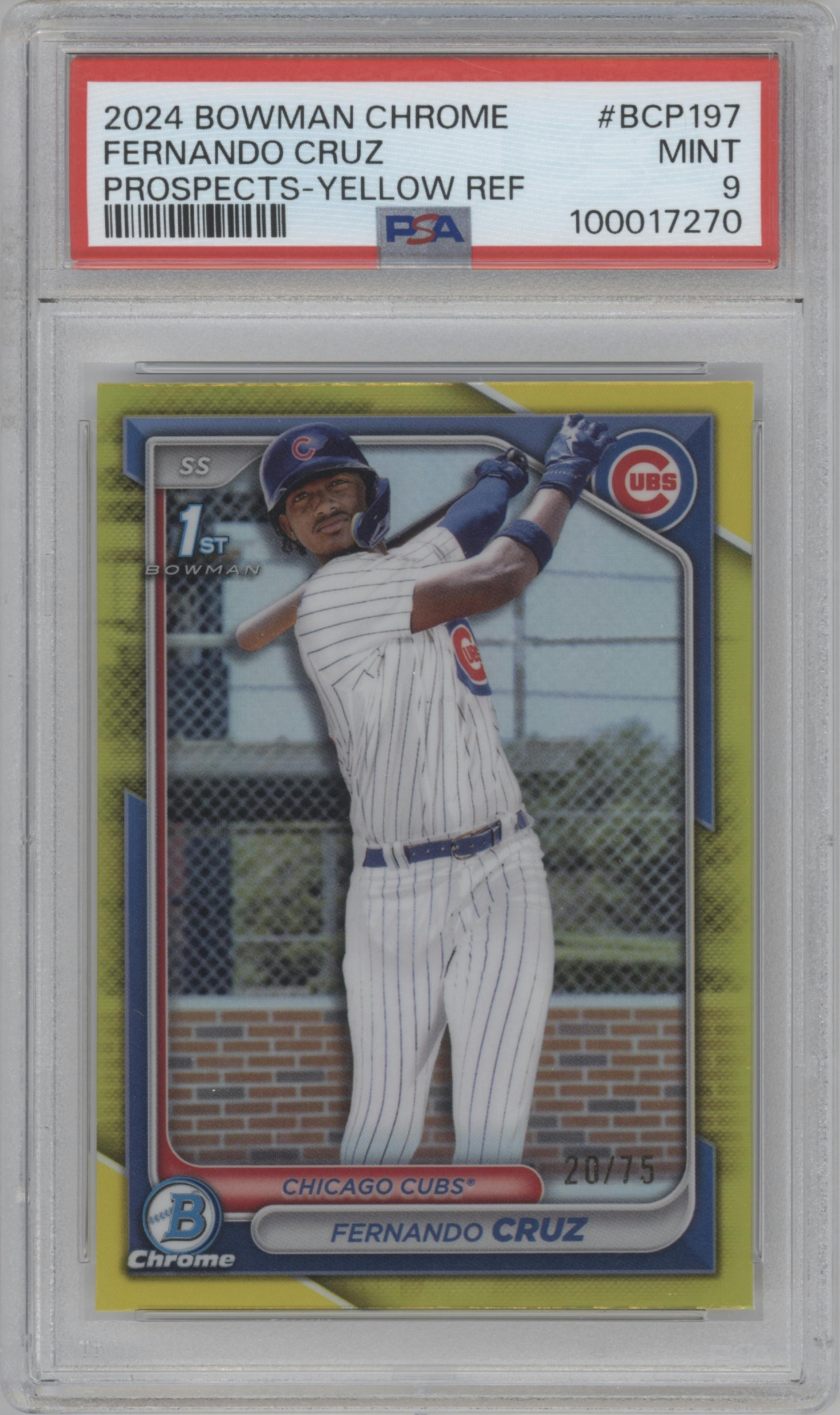 Fernando Cruz from the 2024 Bowman Chrome set featuring a Yellow Refractor parallel graded by PSA and given an overall grade of 9.