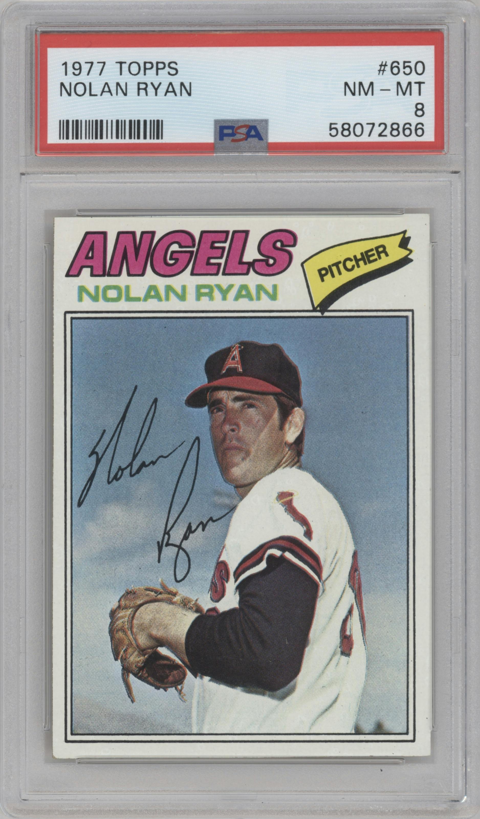 Nolan Ryan from the 1977 Topps set graded by PSA and given an overall grade of 8.