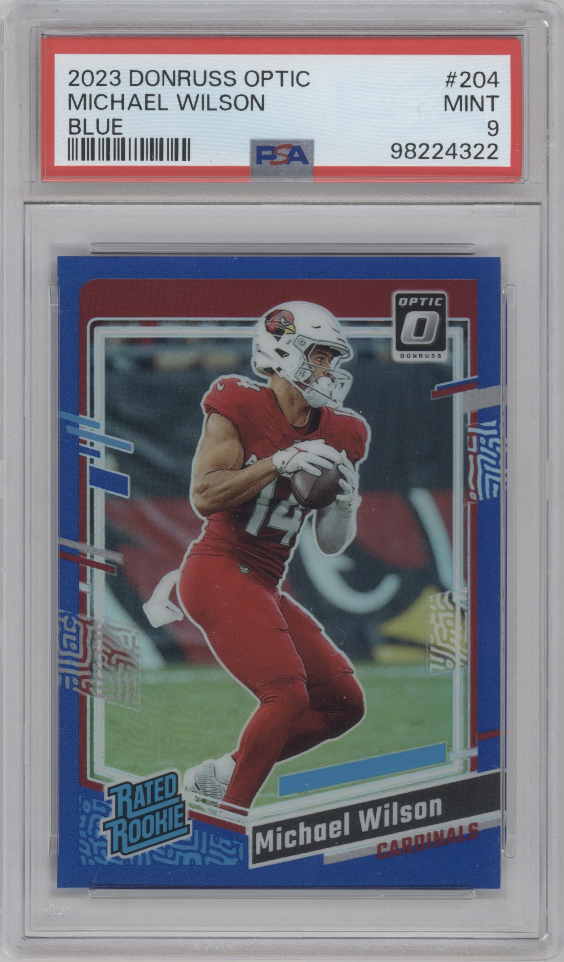 Michael Wilson from the 2023 Donruss Optic set featuring a Blue parallel graded by PSA and given an overall grade of 9.