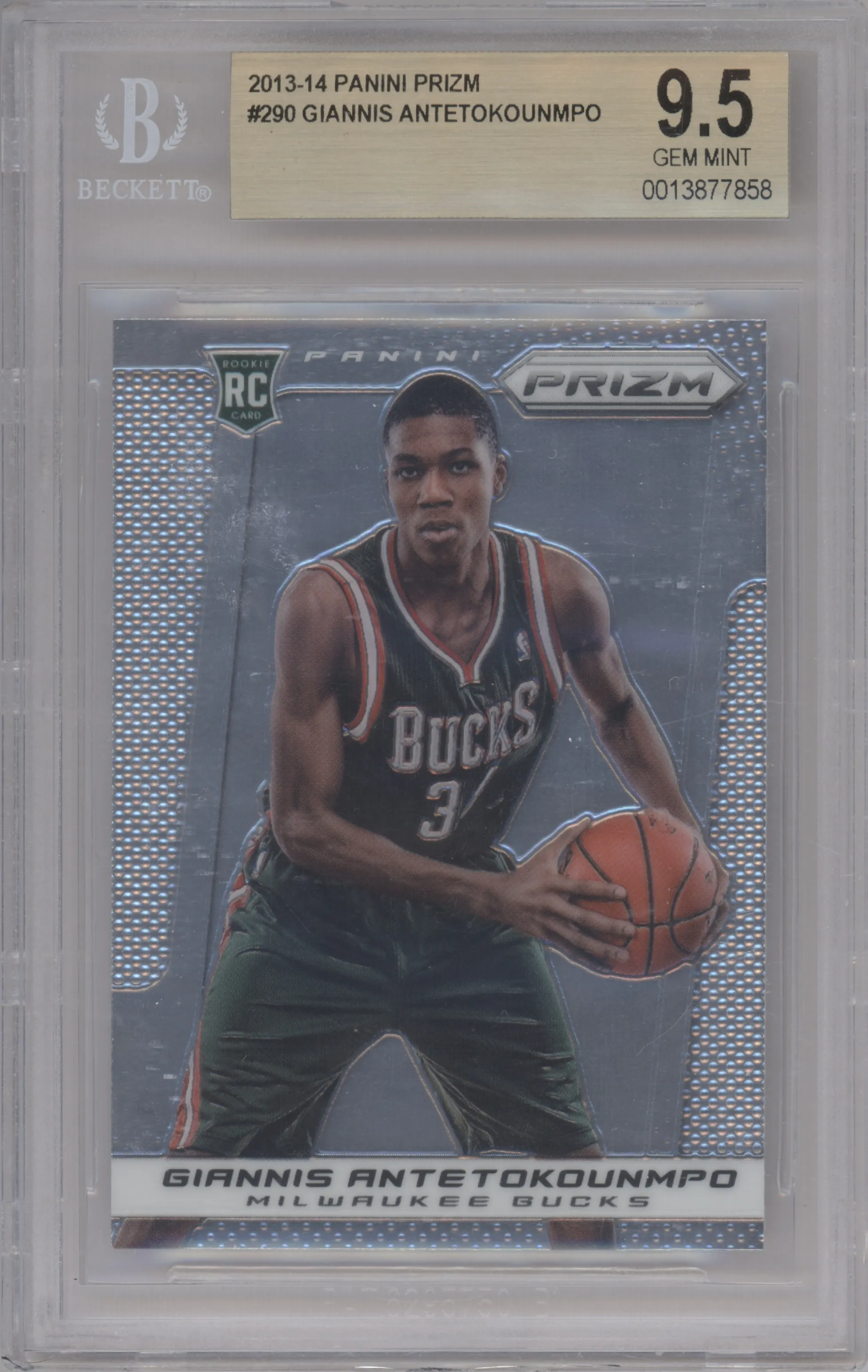 Giannis Antetokounmpo from the 2013-14 Panini Prizm set graded by Beckett and given an overall grade of 9.5.