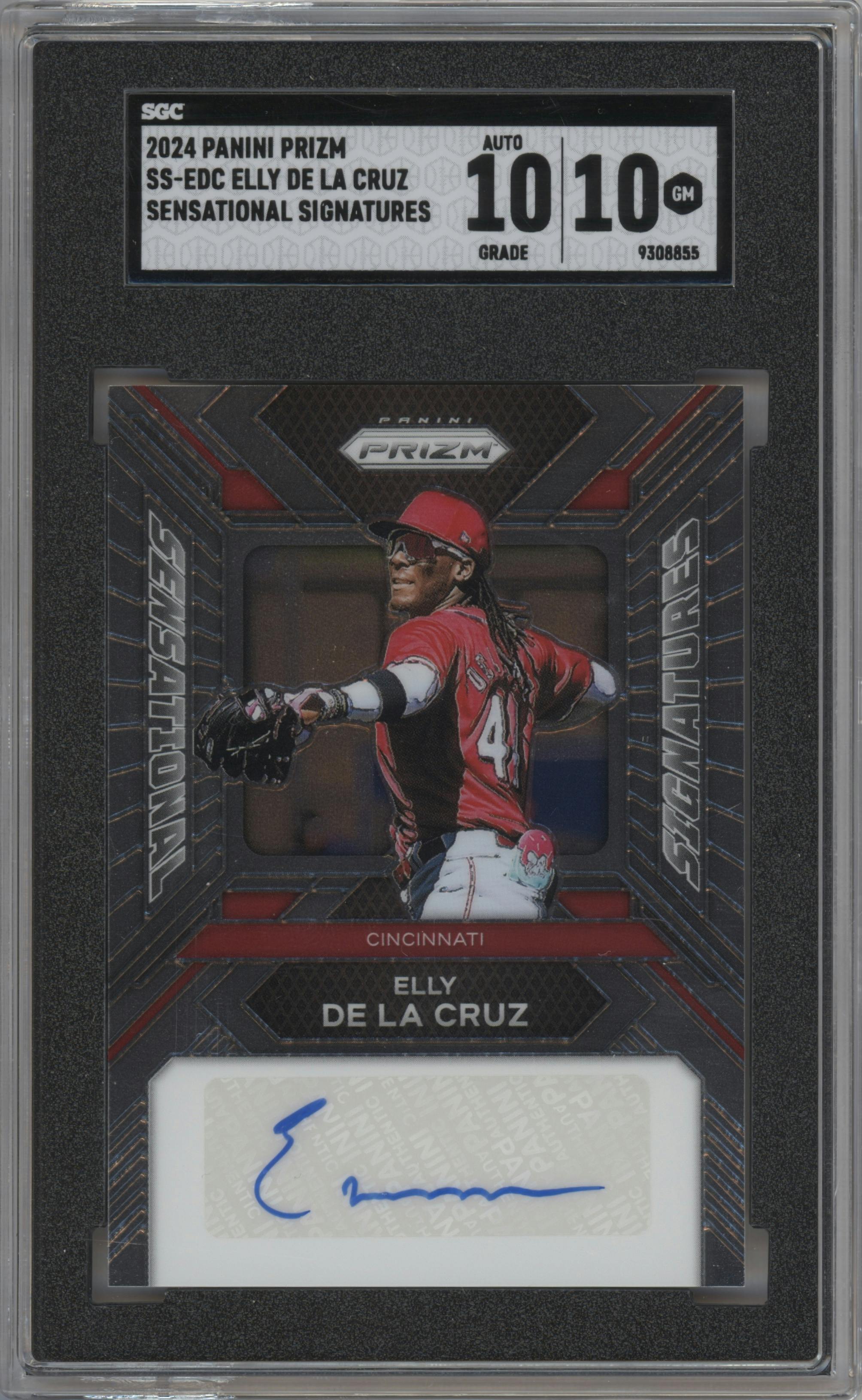 Elly De La Cruz from the 2024 Panini Prizm set graded by SGC and given an overall grade of 10.
