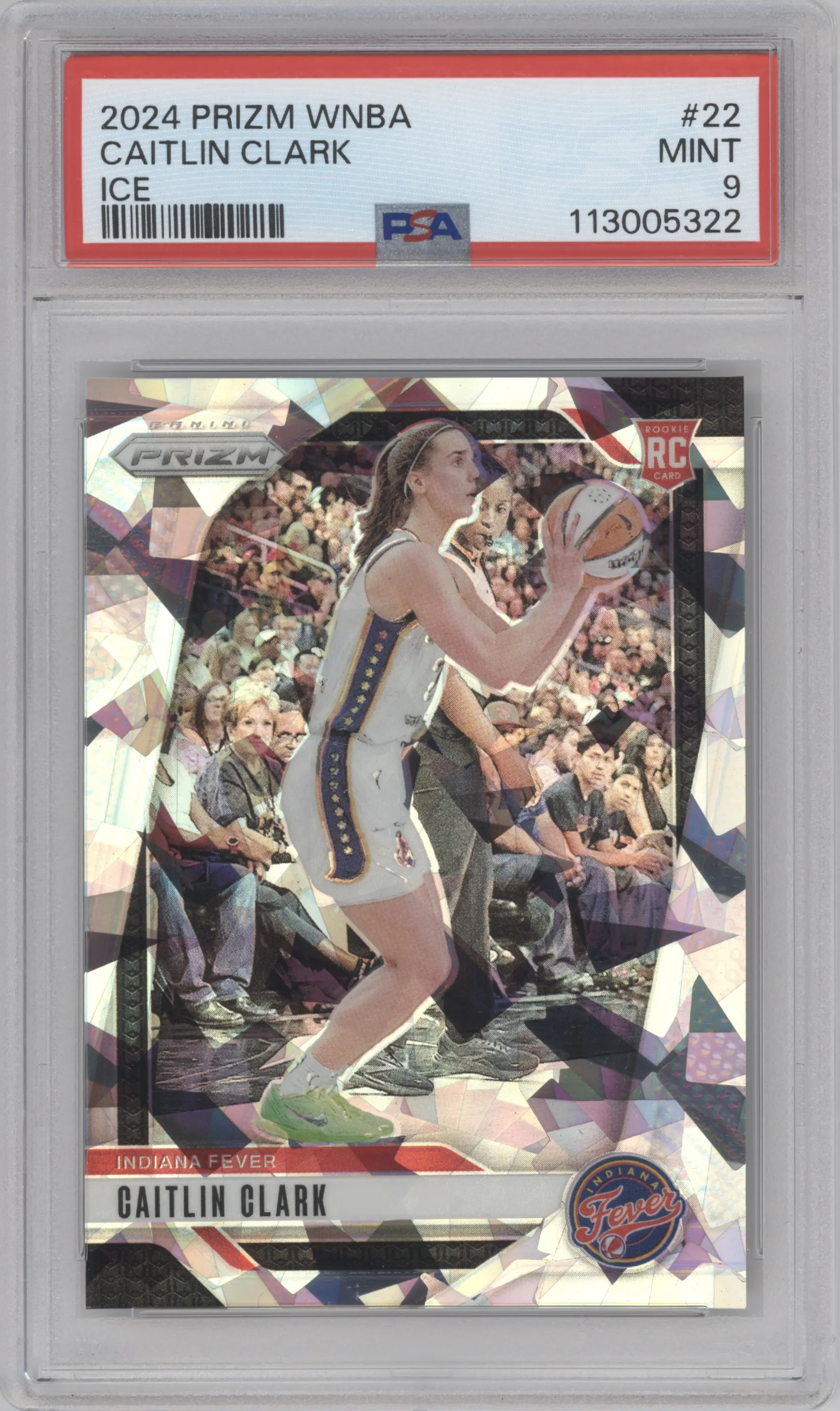 Caitlin Clark from the 2024 Panini Prizm WNBA set featuring a Ice parallel graded by PSA and given an overall grade of 9.