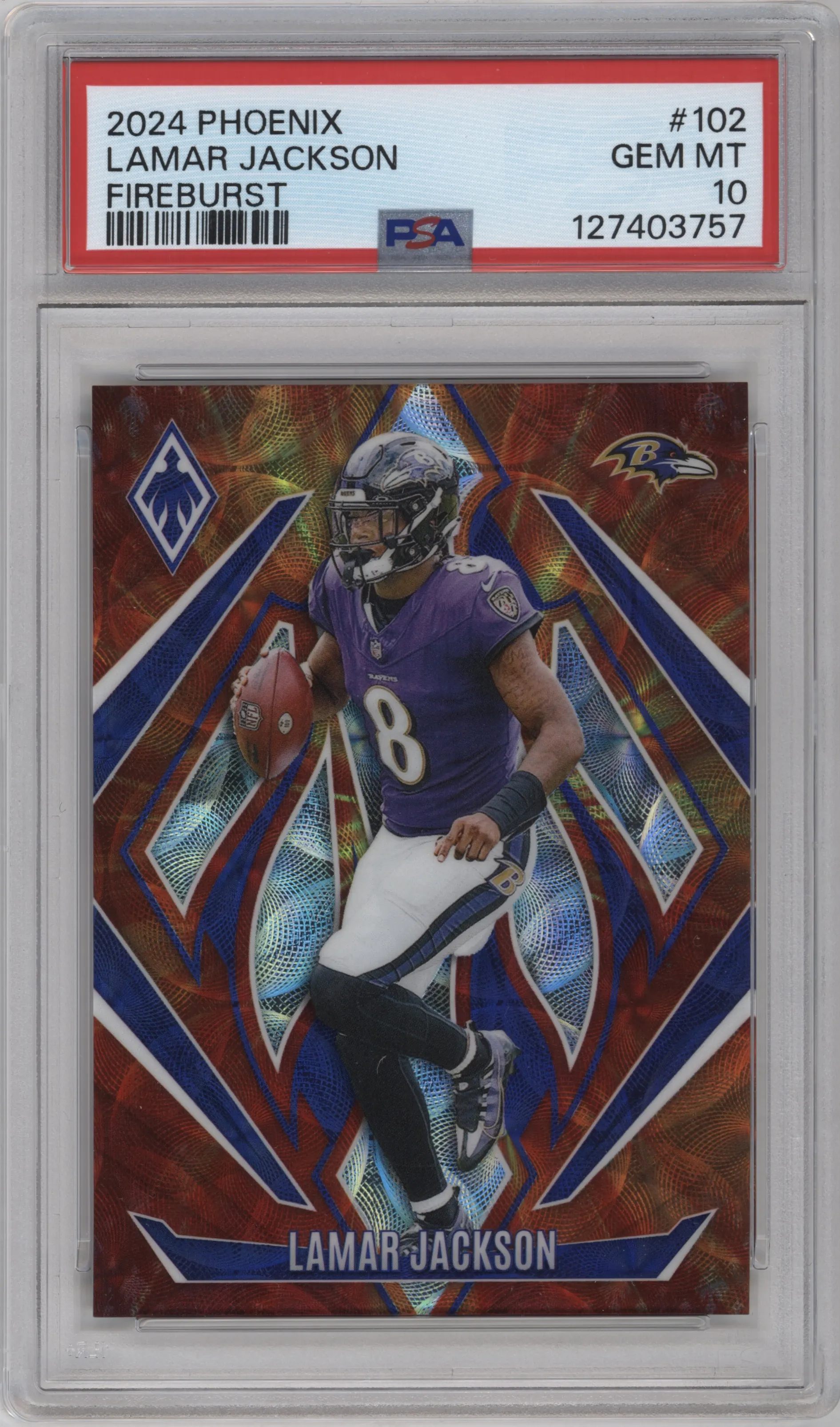 2024 Panini Phoenix Lamar Jackson Fireburst #102 PSA 10