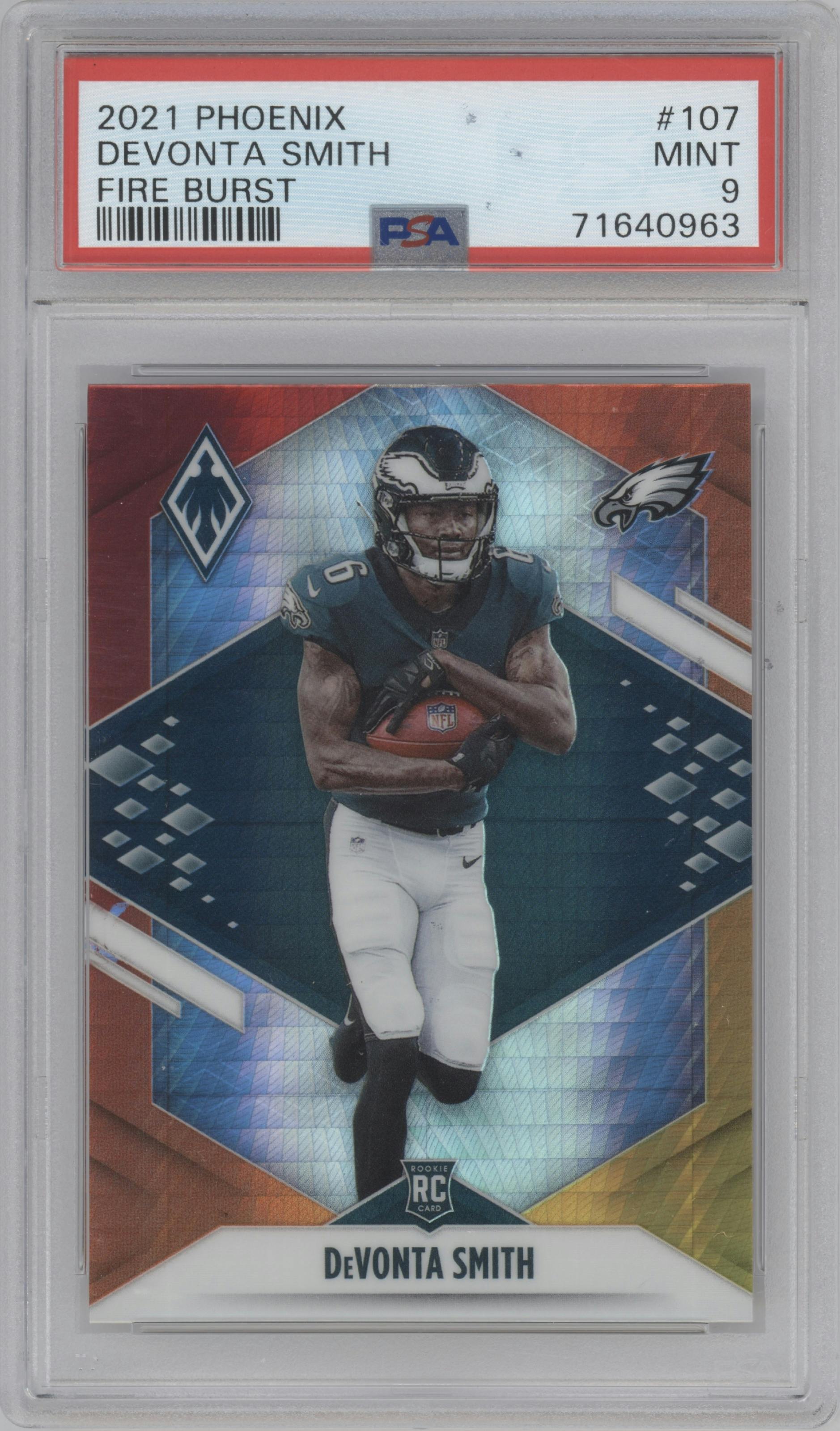 DeVonta Smith from the 2021 Panini Phoenix set featuring a Fire Burst parallel graded by PSA and given an overall grade of 9.