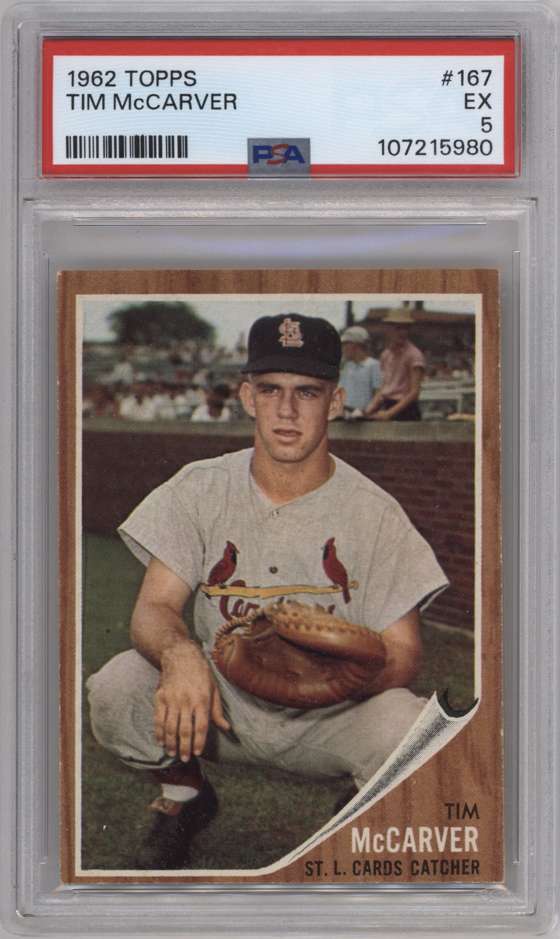 Tim McCarver from the 1962 Topps set graded by PSA and given an overall grade of 5.