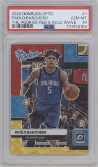 Paolo Banchero from the 2022-23 Panini Donruss Optic  set featuring a Red & Gold Wave parallel graded by PSA and given an overall grade of 10.