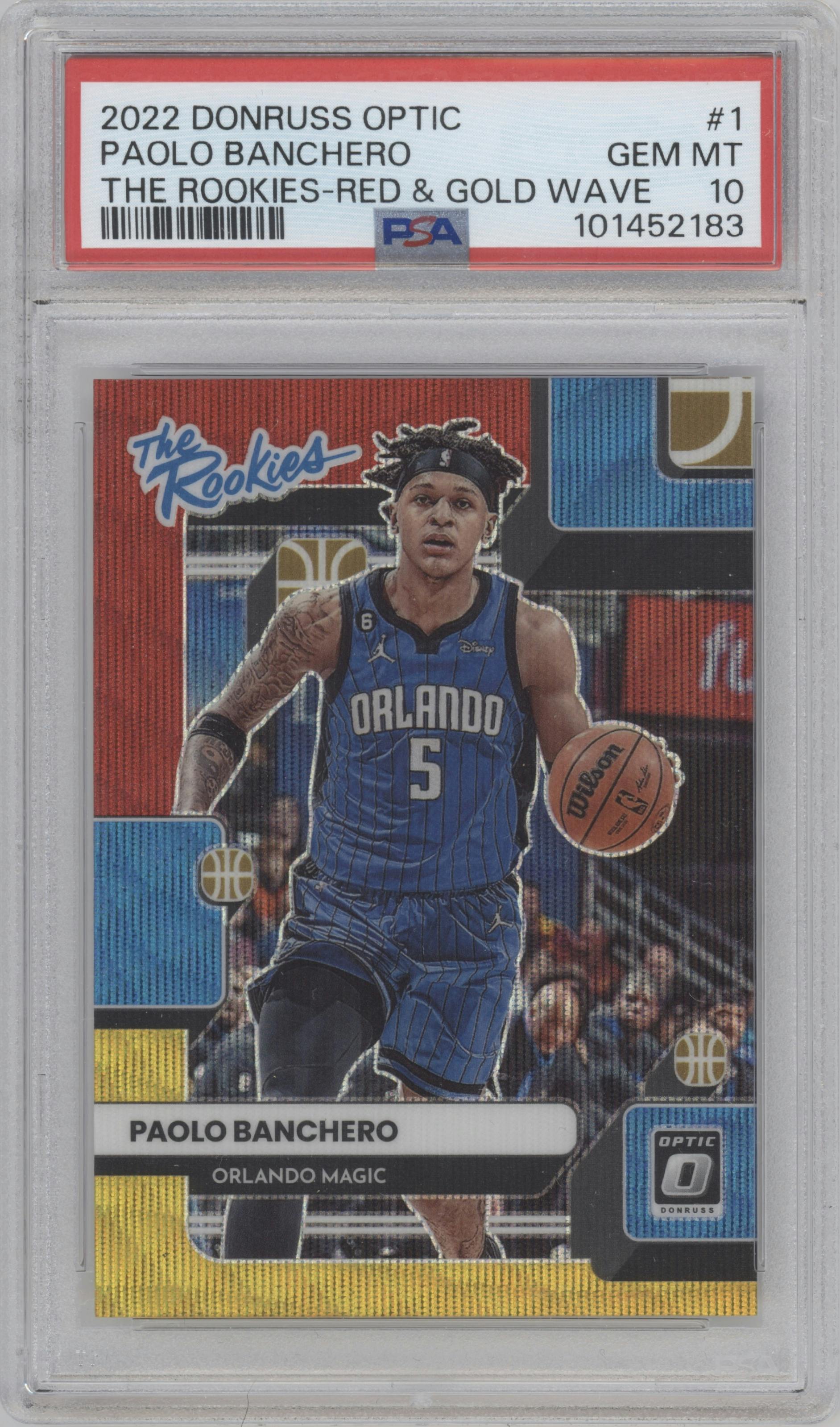 Paolo Banchero from the 2022-23 Panini Donruss Optic  set featuring a Red & Gold Wave parallel graded by PSA and given an overall grade of 10.