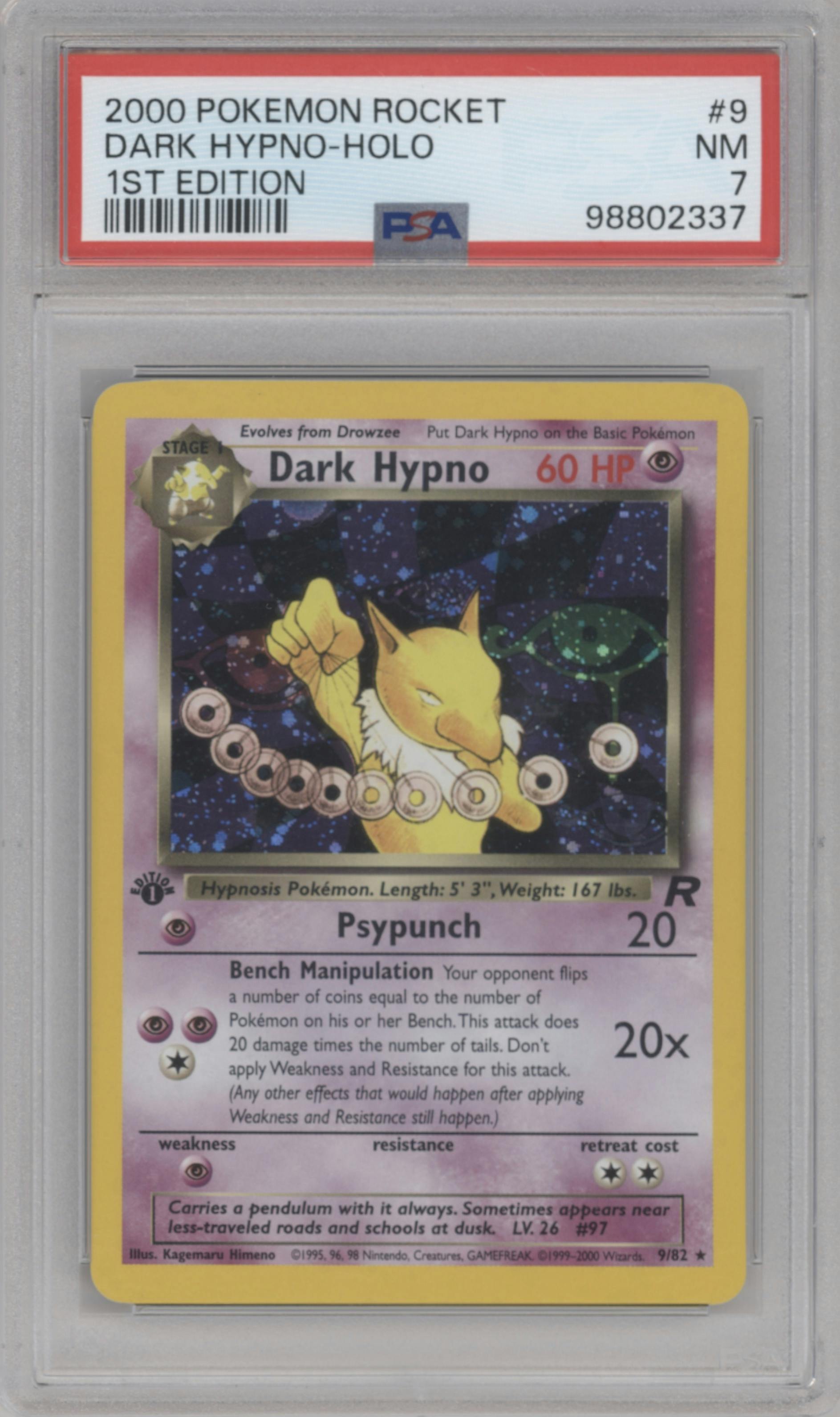 Dark Hypno from the 2000 Pokemon set graded by PSA and given an overall grade of 7.