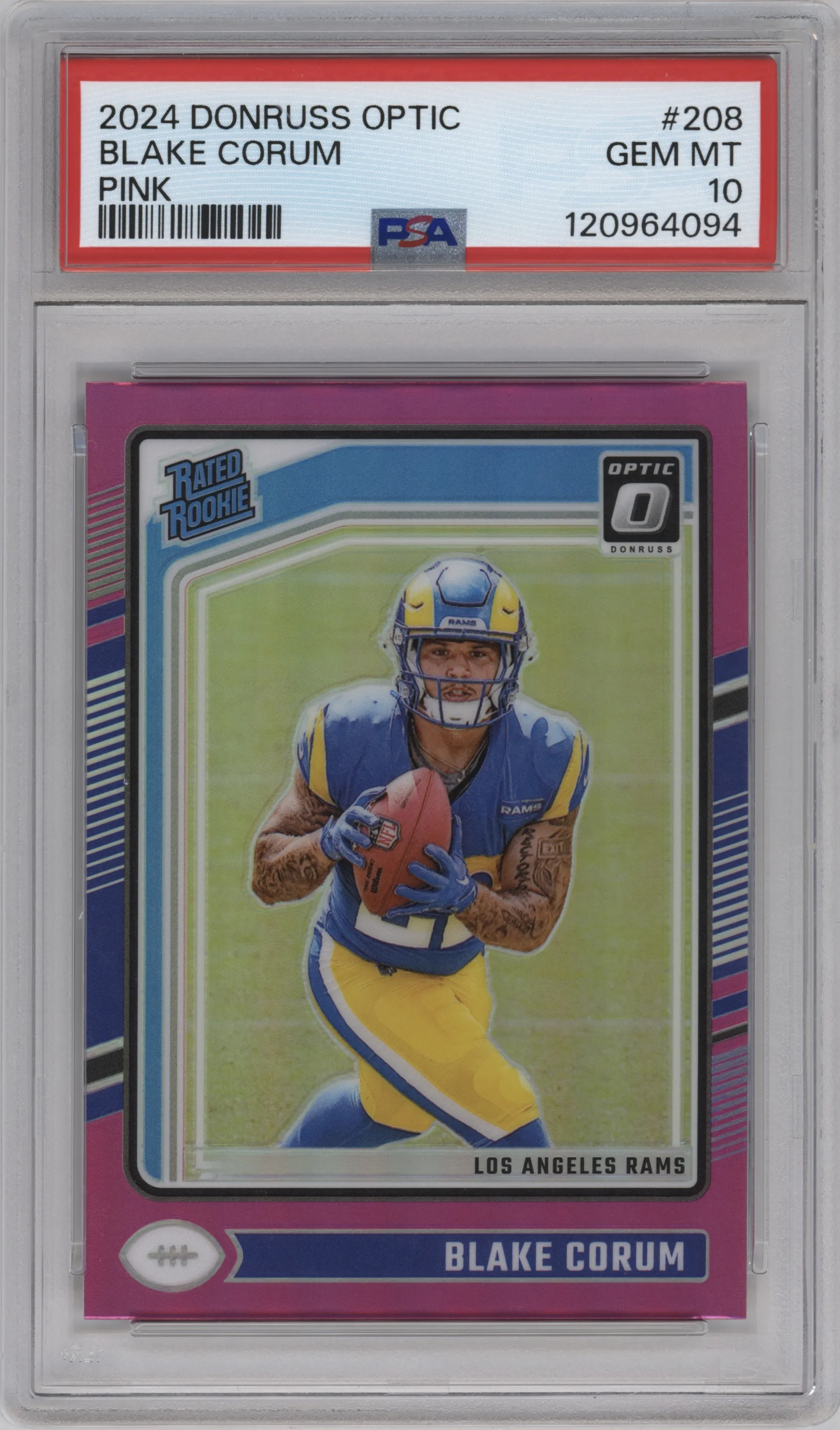 Blake Corum from the 2024 Donruss Optic set featuring a Pink parallel graded by PSA and given an overall grade of 10.