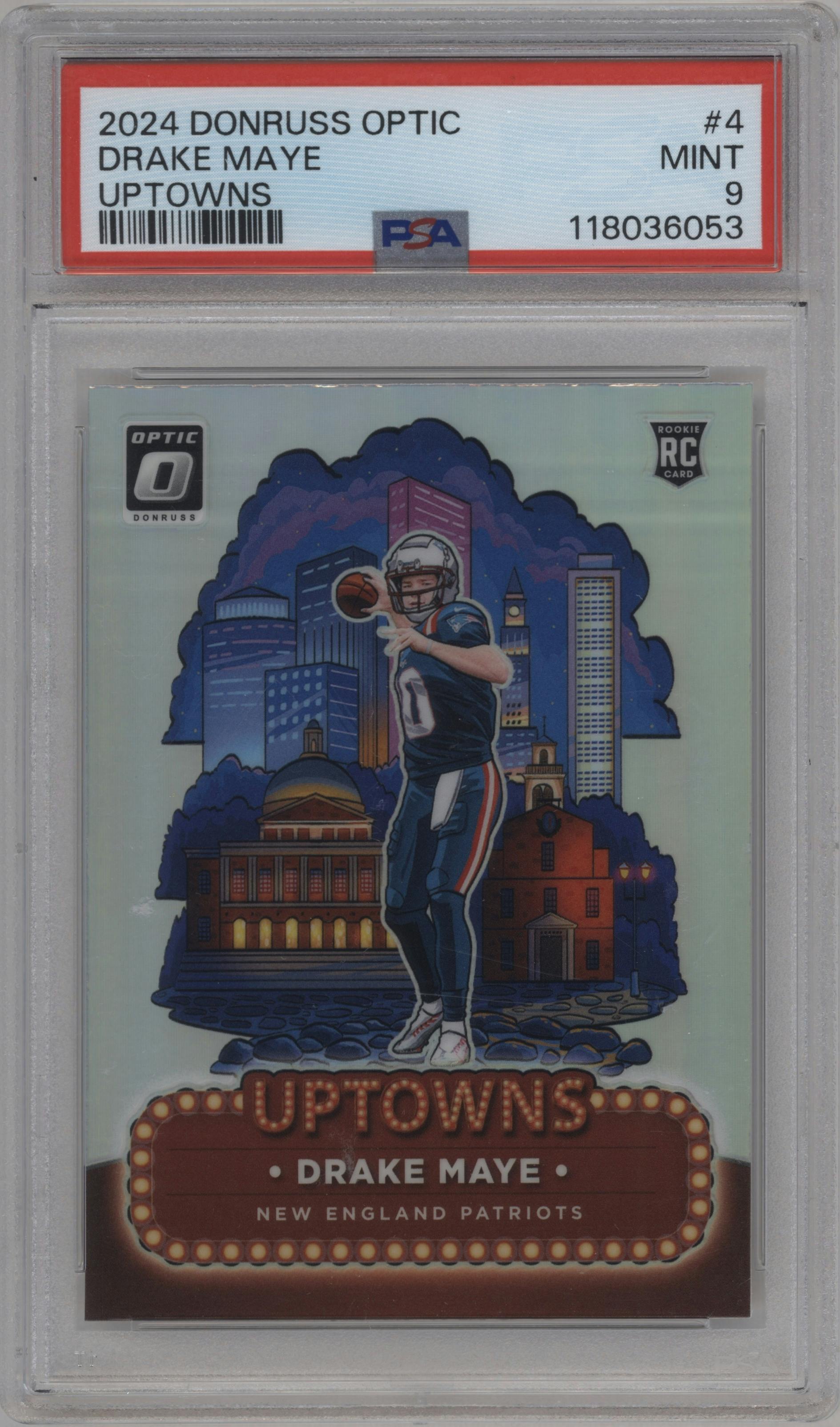 Drake Maye from the 2024 Donruss Optic set graded by PSA and given an overall grade of 9.