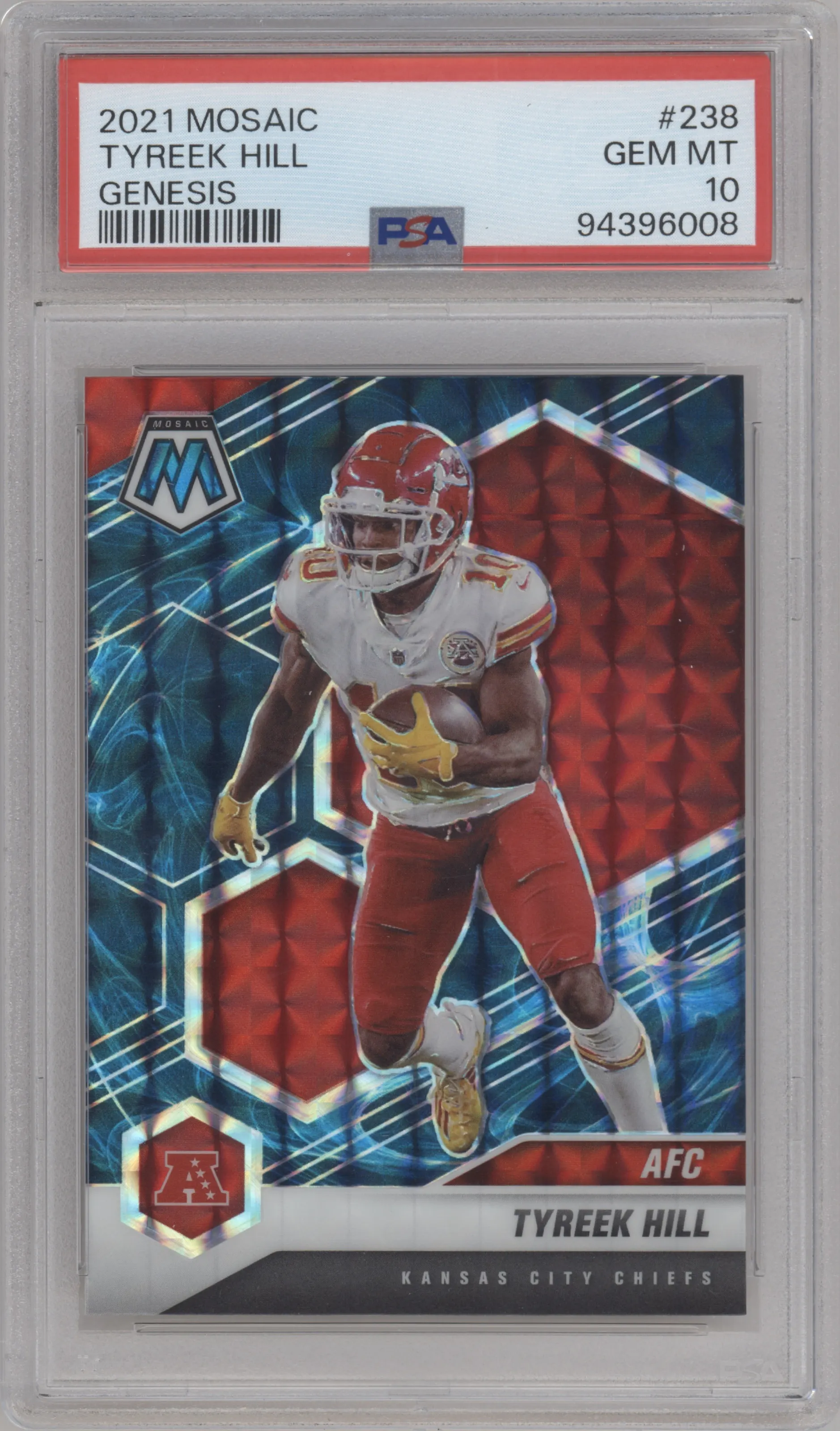 Tyreek Hill from the 2021 Panini Mosaic set featuring a Genesis parallel graded by PSA and given an overall grade of 10.