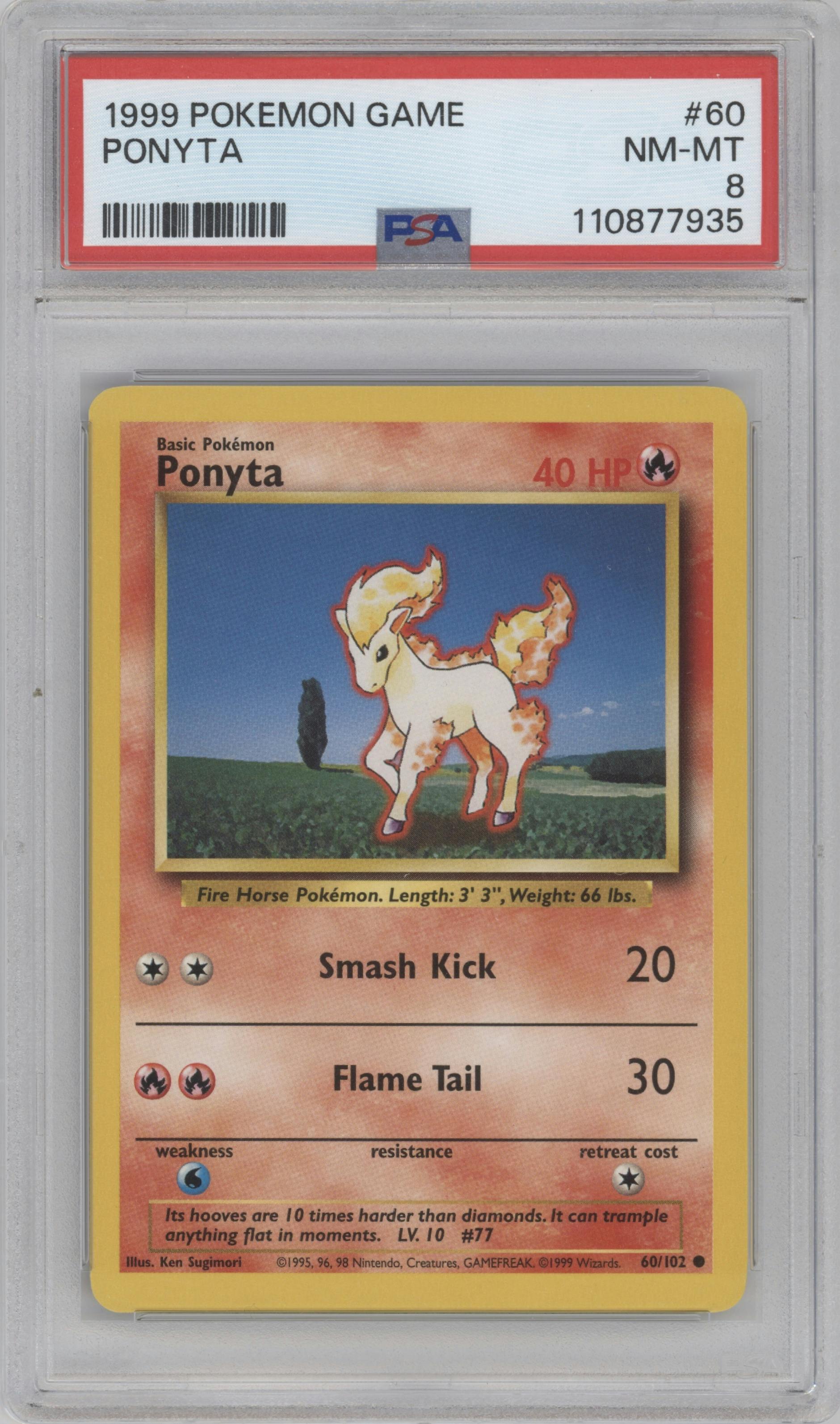 Ponyta from the 1999 Pokemon set graded by PSA and given an overall grade of 8.