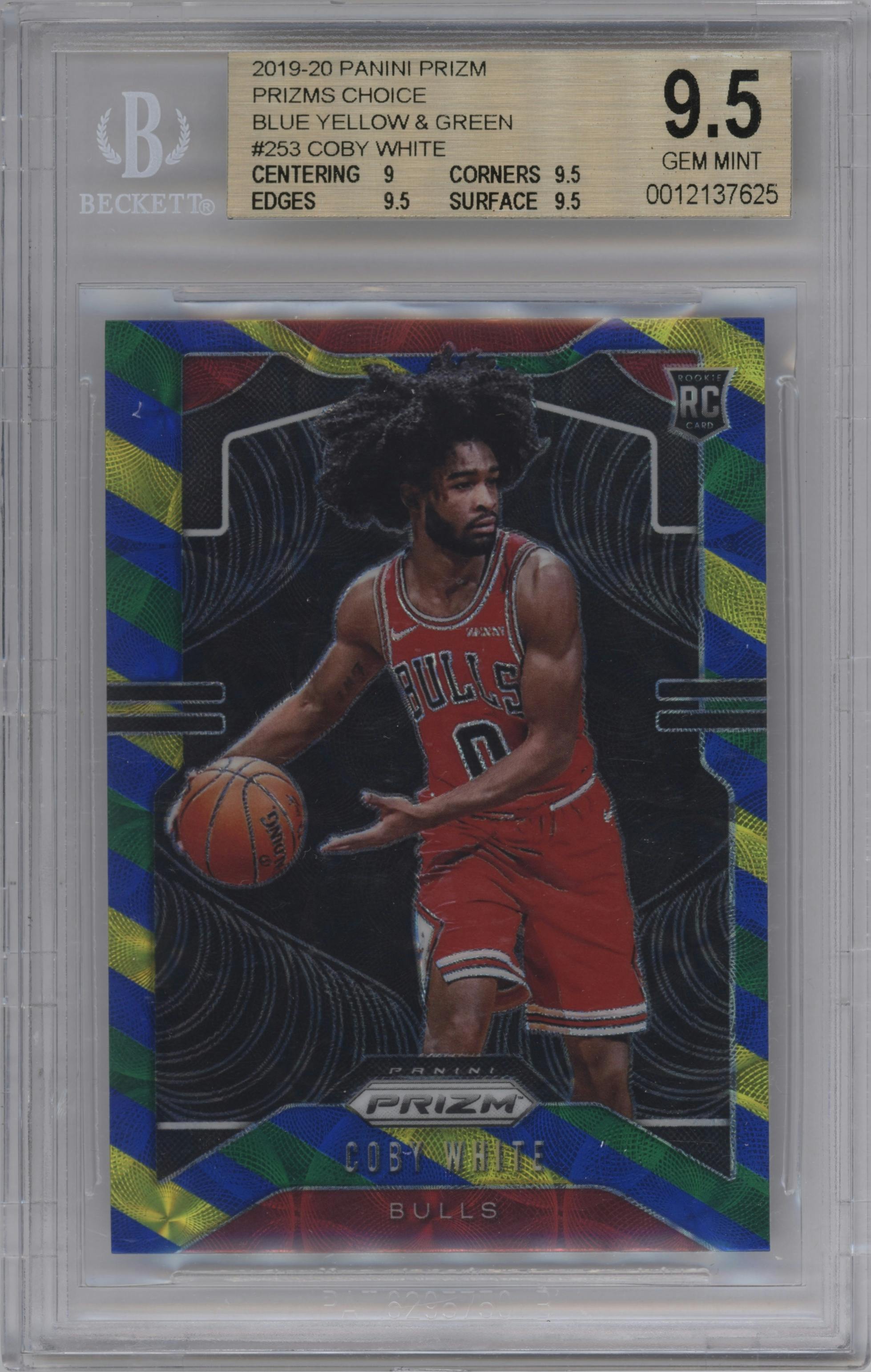 Coby White from the 2019-20 Panini Prizm set featuring a Choice Blue/Yellow/Green  parallel graded by Beckett and given an overall grade of 9.5.