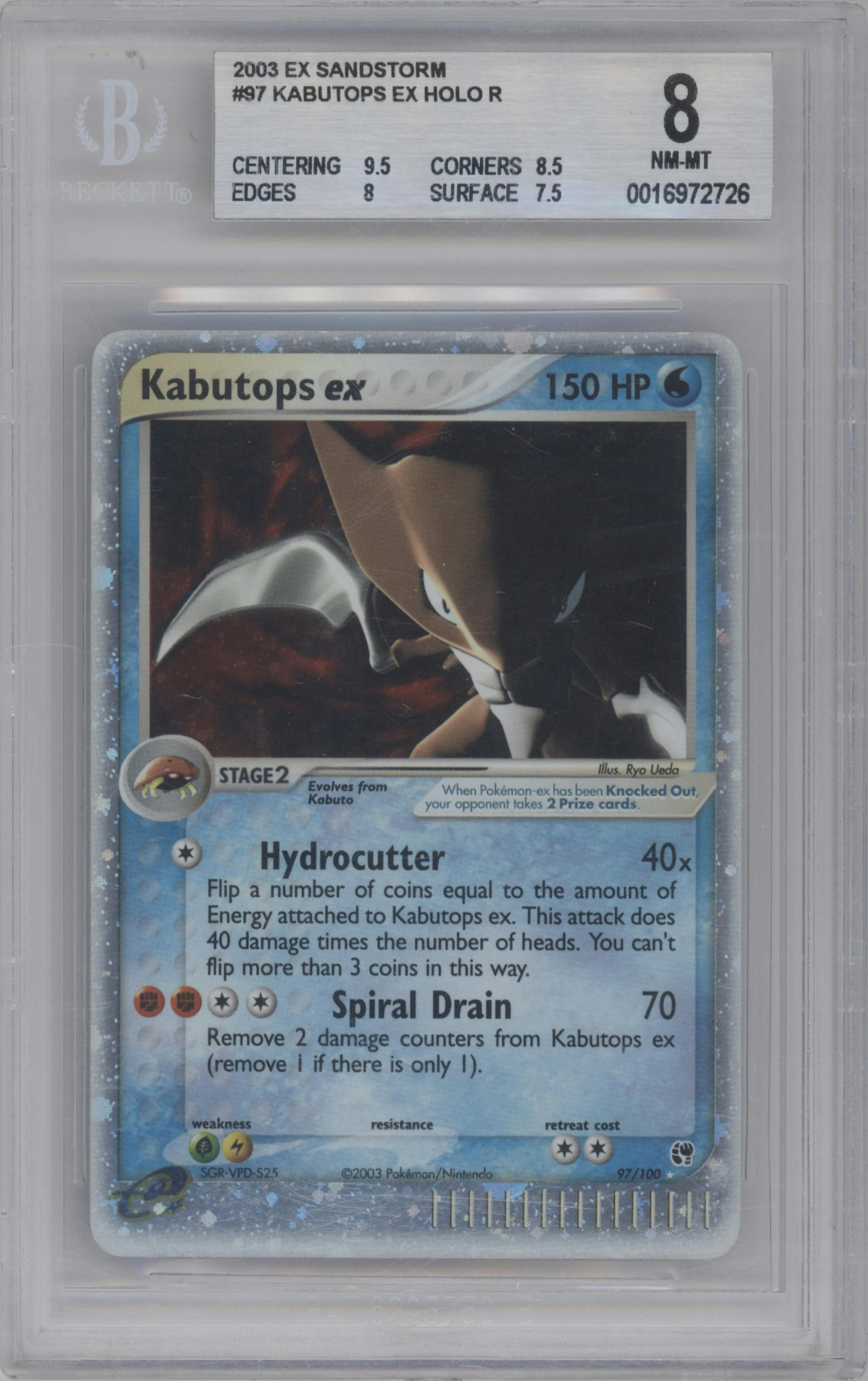 Kabutops EX from the 2003 Pokemon EX set graded by Beckett and given an overall grade of 8.