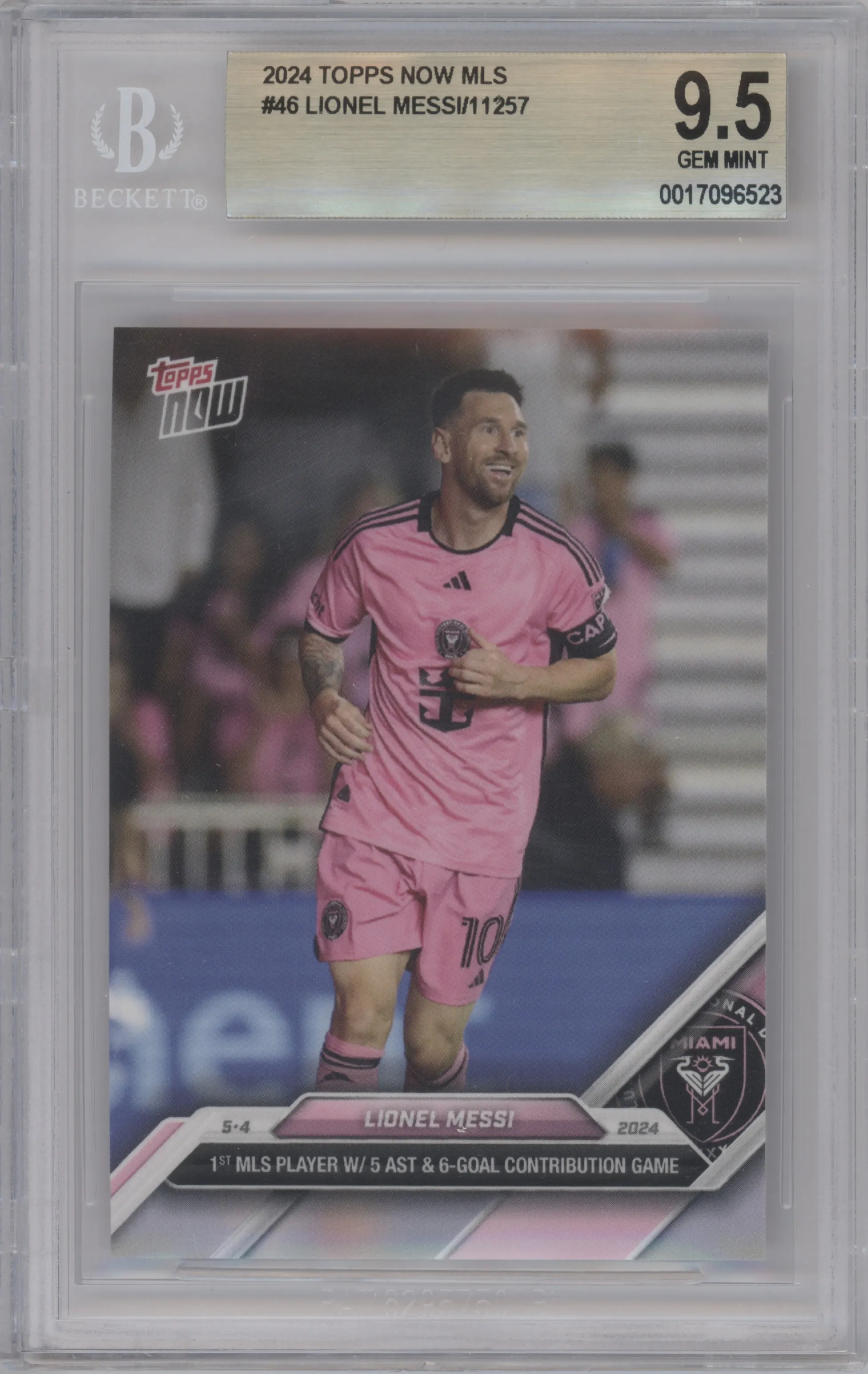 Lionel Messi from the 2024 Topps Now MLS set graded by Beckett and given an overall grade of 9.5.