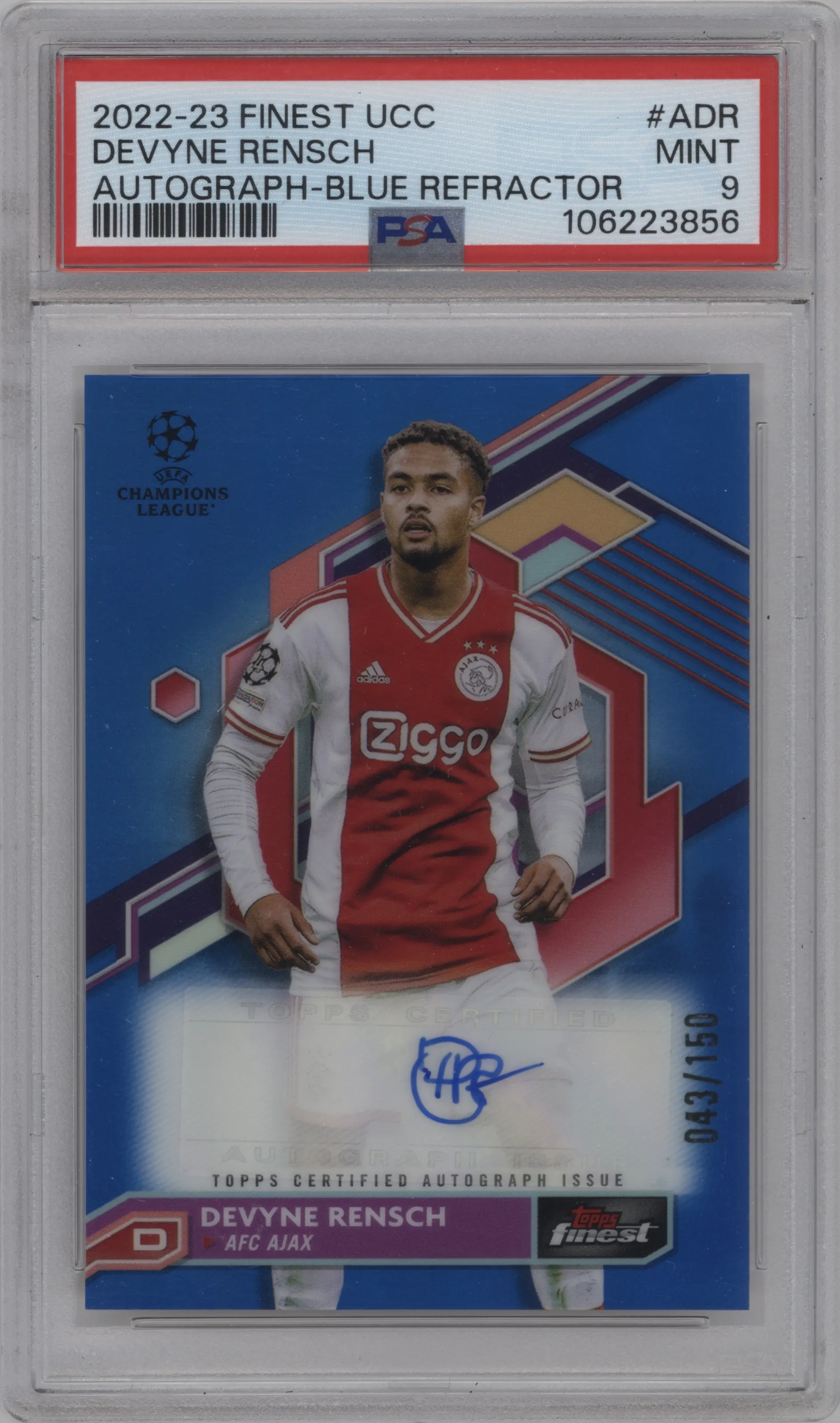 2022 Topps Finest UEFA Club Competitions Auto Devyne Rensch Blue Refractor #A-DR PSA 9