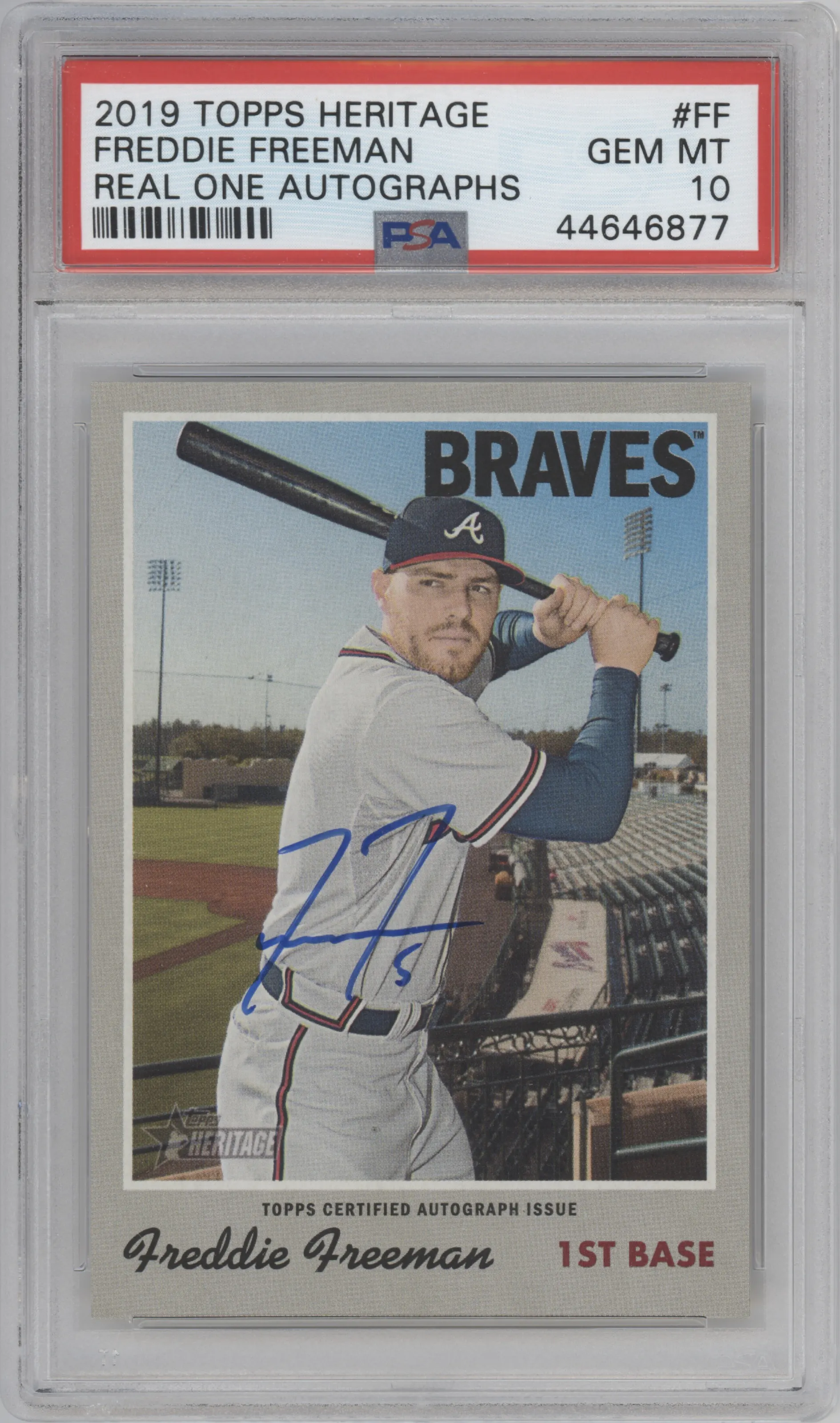Freddie Freeman from the 2019 Topps Heritage set graded by PSA and given an overall grade of 10.