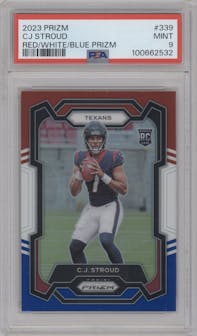 C.J. Stroud from the 2023 Panini Prizm set featuring a Red/White/Blue parallel graded by PSA and given an overall grade of 9.