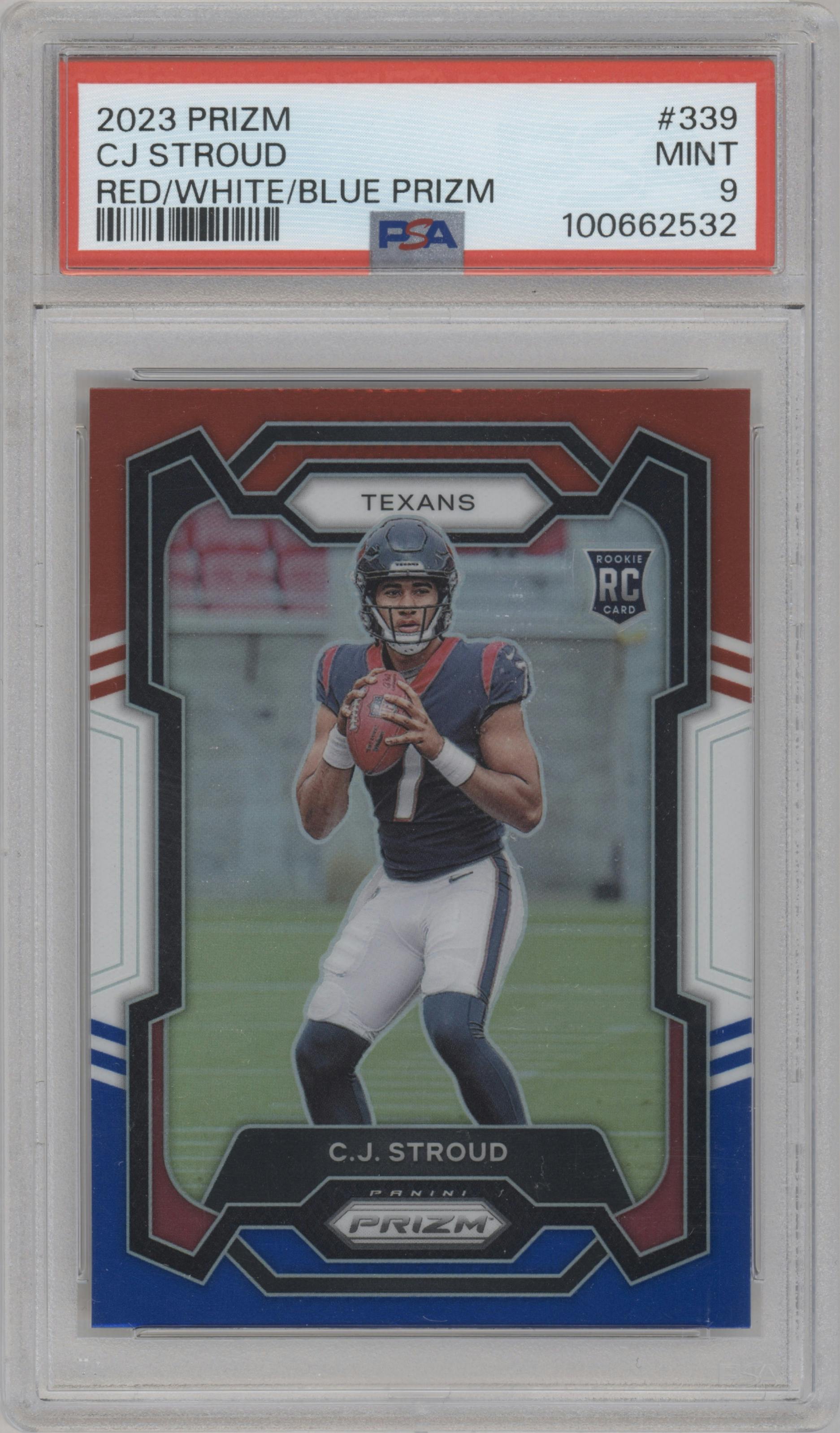 C.J. Stroud from the 2023 Panini Prizm set featuring a Red/White/Blue parallel graded by PSA and given an overall grade of 9.