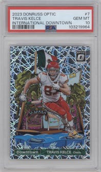 Travis Kelce from the 2023 Donruss Optic set graded by PSA and given an overall grade of 10.