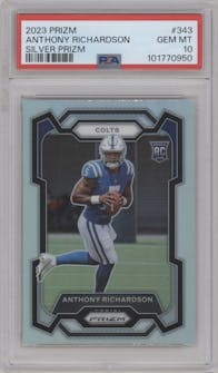 Anthony Richardson from the 2023 Panini Prizm set featuring a Silver Prizm parallel graded by PSA and given an overall grade of 10.