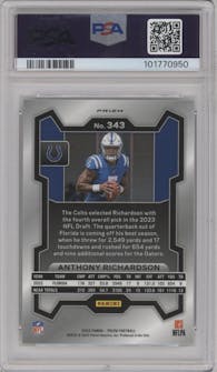Anthony Richardson from the 2023 Panini Prizm set featuring a Silver Prizm parallel graded by PSA and given an overall grade of 10.
