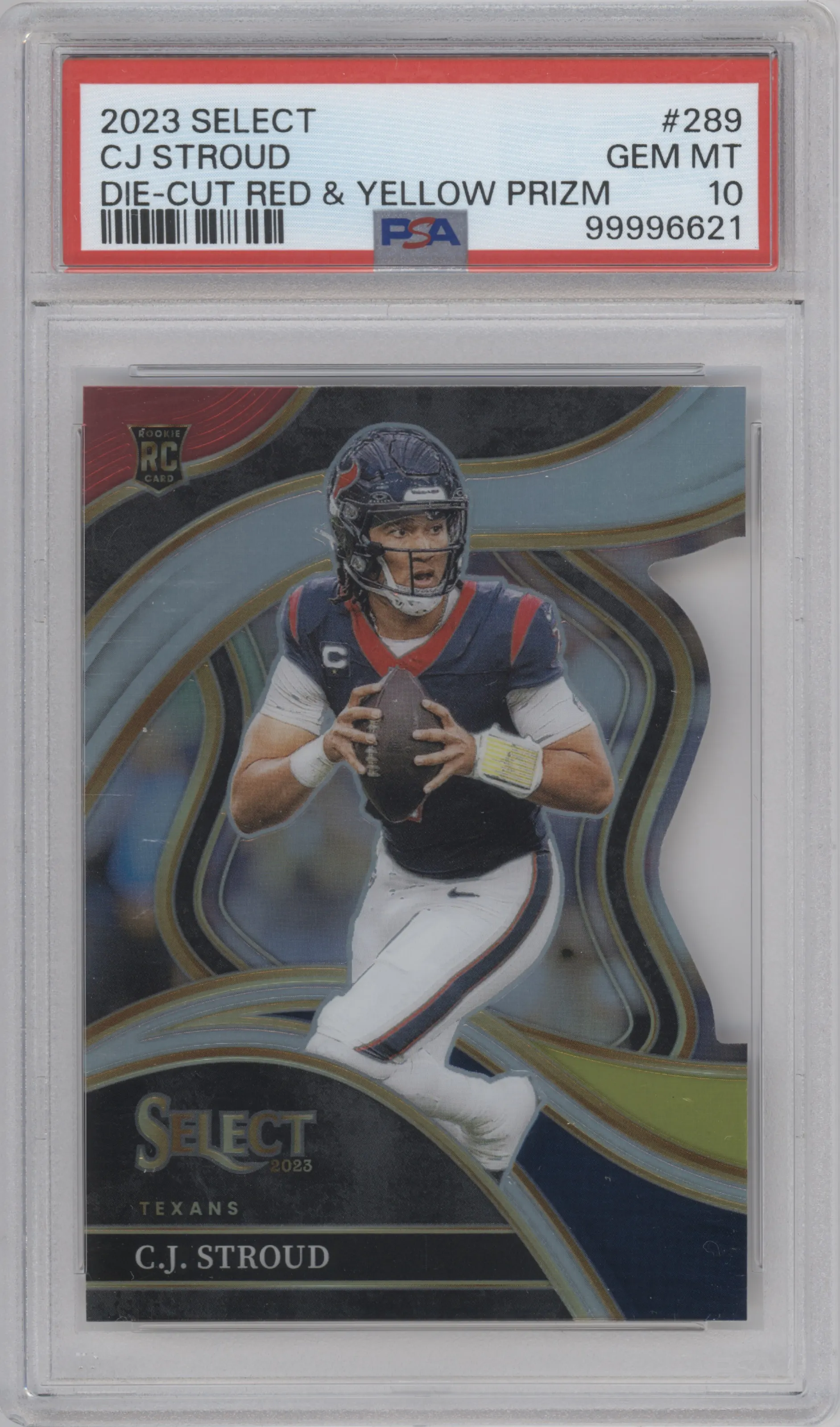 C.J. Stroud from the 2023 Panini Select set featuring a Die-Cut Red/Yellow Prizm parallel graded by PSA and given an overall grade of 10.