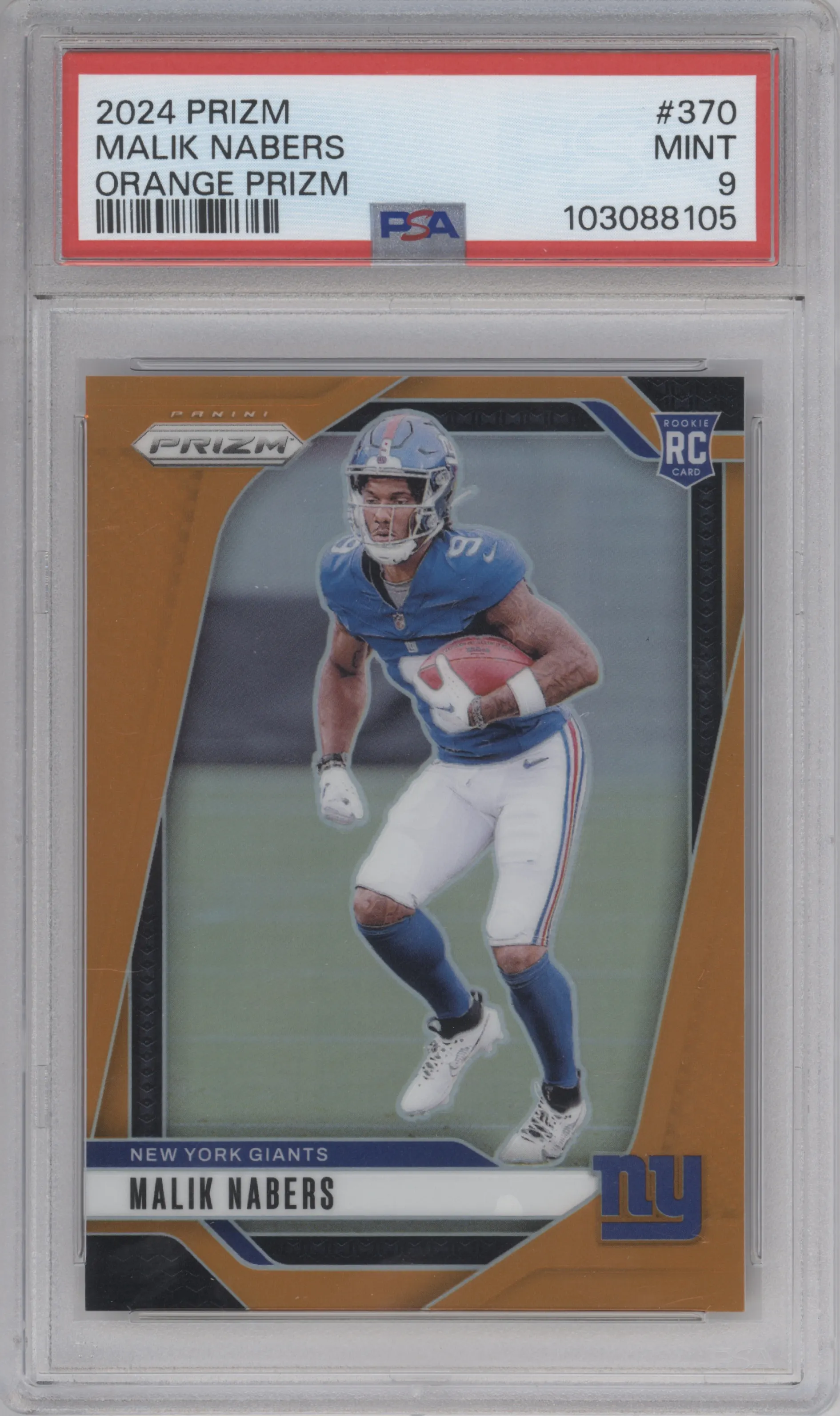 Malik Nabers from the 2024 Panini Prizm set featuring a Orange Prizm parallel graded by PSA and given an overall grade of 9.